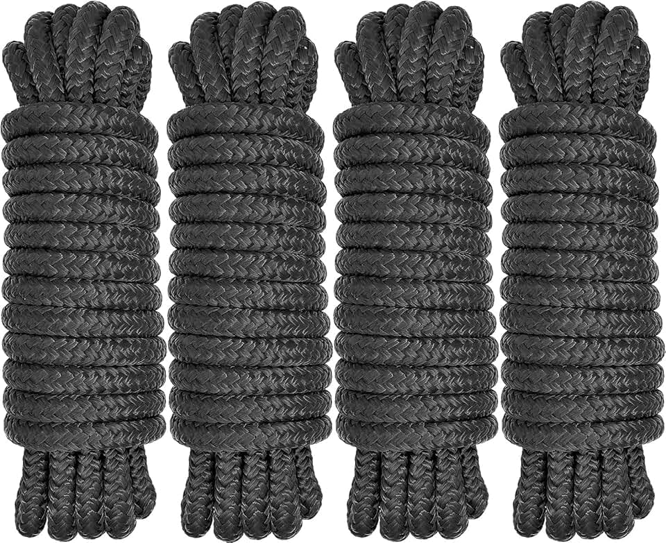 Boat Dock Lines 1/2" x 15' - Double Braided Nylon Boat Ropes for Docking with 12" Loop, Marine-Grade High Strength Boat Lines Dock Rope, Premium Marine Rope Mooring Lines, Easy Handling - 4 Pack,Black Global Recycled Standard