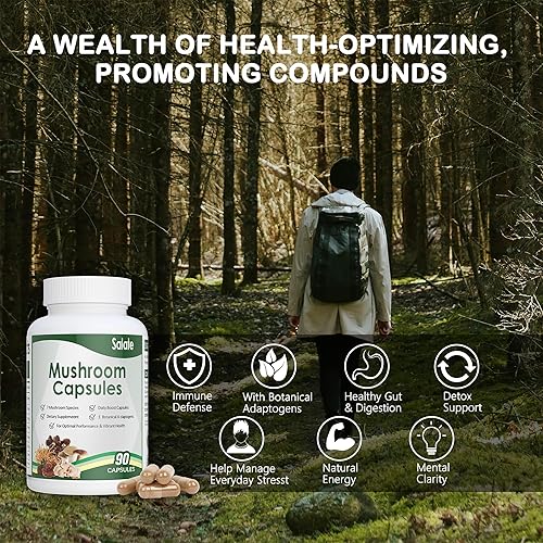 Miniatura 7 de Salate Suplemento de melena de león extracto orgánico de hongos para memoria y concentración, cápsulas cerebrales de apoyo inmunológico, extractos