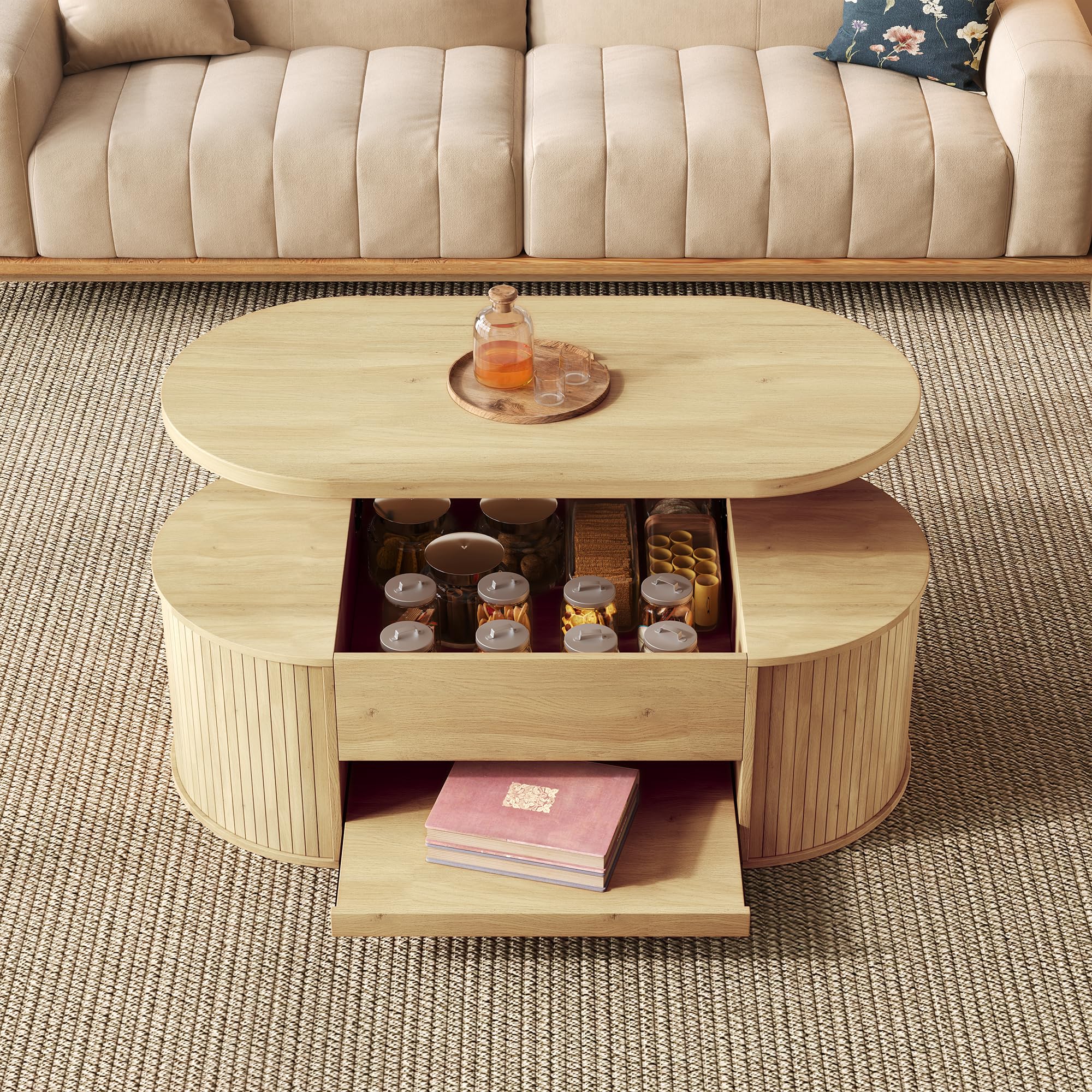 Mesa de centro con lados curvos de madera, estante extensible, mesa elevable, mueble de salón multifuncional 60 x 110 cm (color madera)