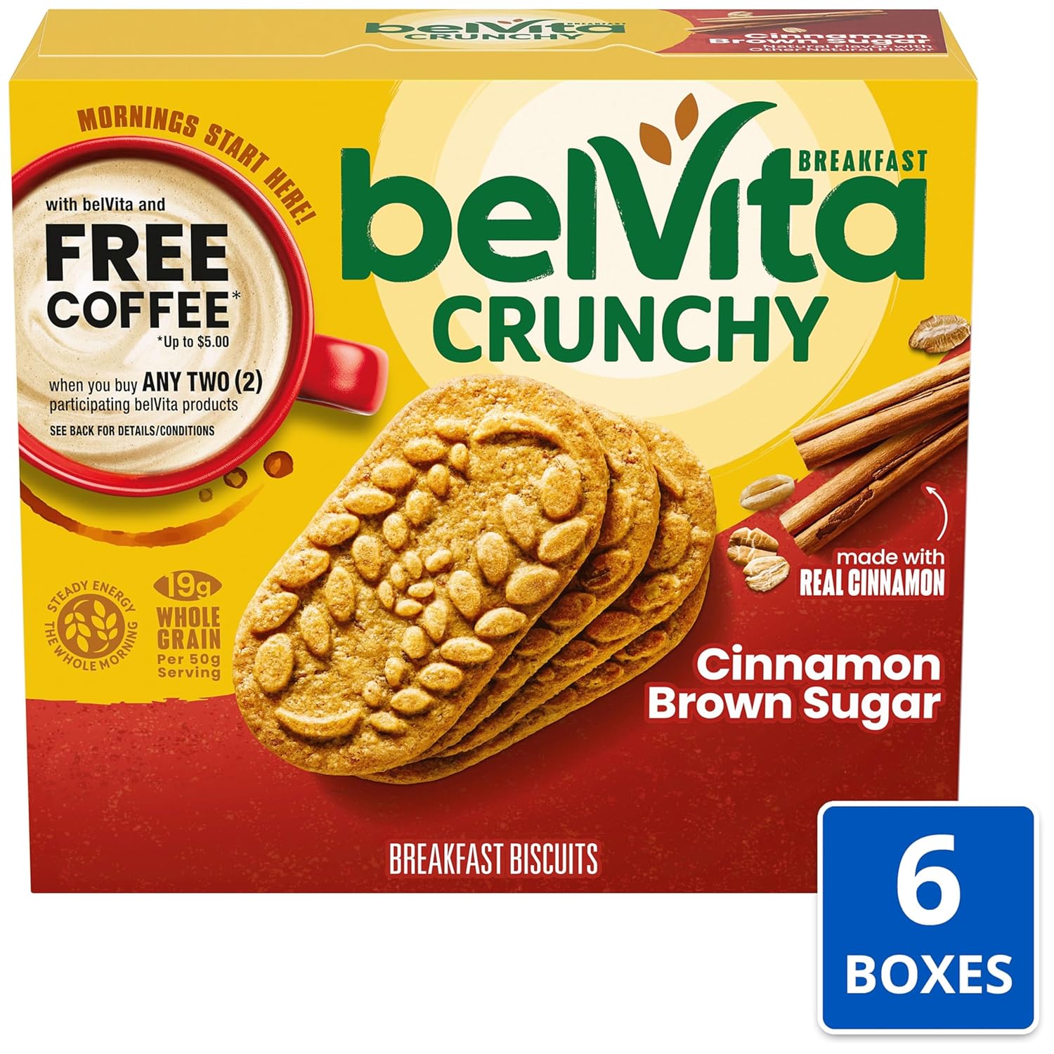 belVita Breakfast Bars Biscuits, Cinnamon Brown Sugar, 30 Total Packs, 6 Boxes (4 Biscuits Per Pack)