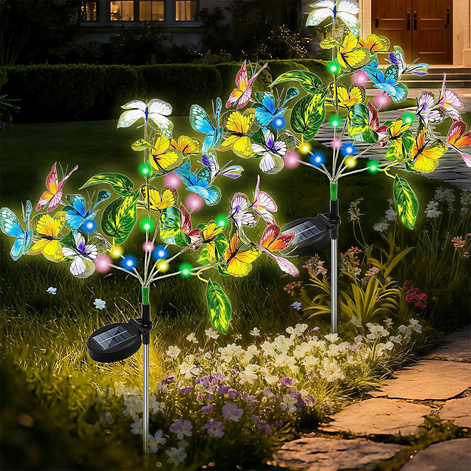 Anothera 2Pcs Solar Butterfly Lights Features Flashing or Steady-on Modes, Waterproof Sunflower Garden Lights for Outdoor, Patio, Lawn, Yard, Valentine's Day Gifts for Wife and Girlfriend