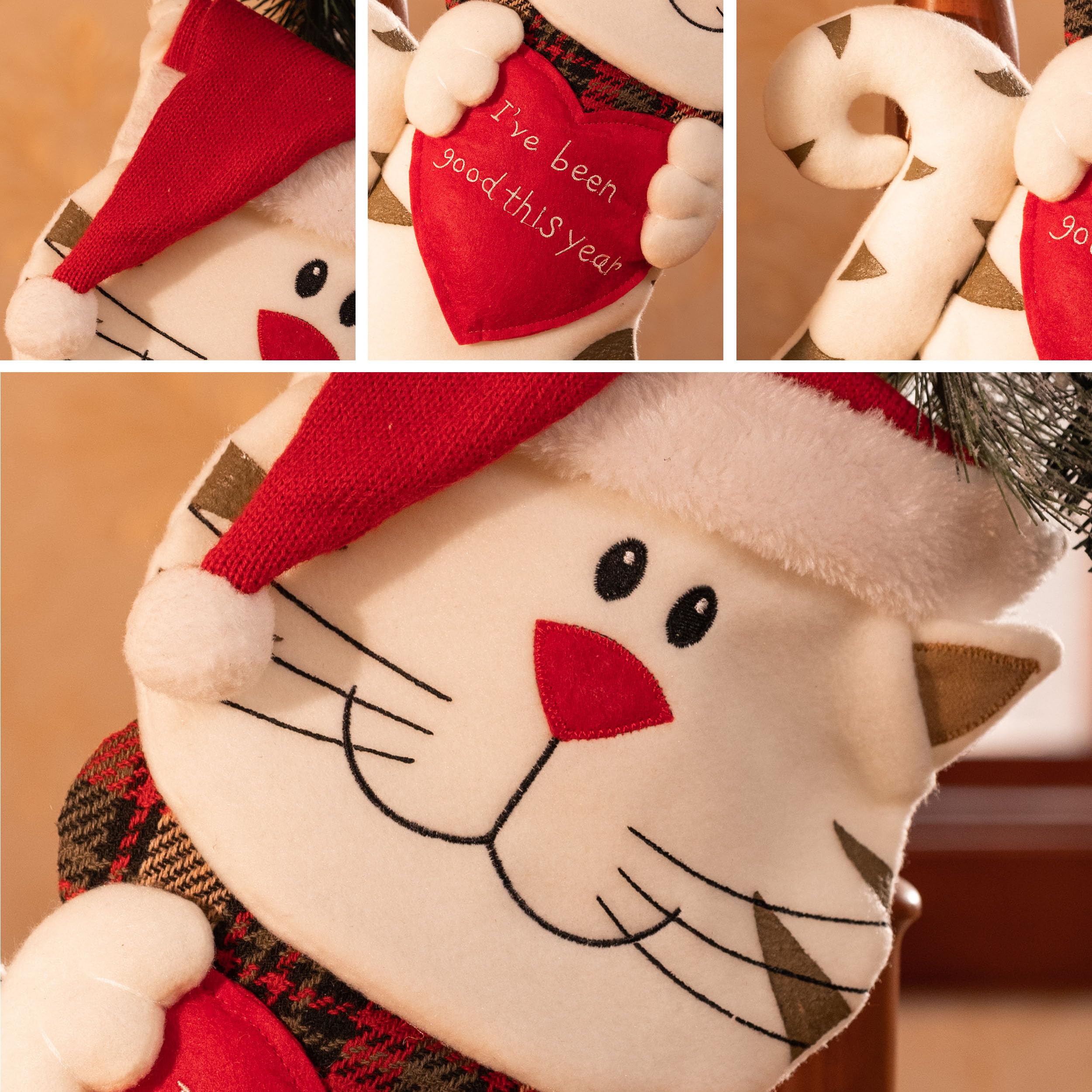 Valery Madelyn Chaussette de Noël en forme de chat rayé de 53,3 cm, mignonne peluche personnalisée pour cheminée rouge et blanc pour animaux de compagnie pour fêtes de vacances, décorations de Noël et