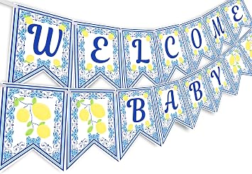 Capri Lemon Welcome Baby Banner - Lemon Baby Shower Party Supplies - Lemon Baby Shower Party Decorations - Blue Tile Baby Shower - Lemon Gender Neutral Baby Shower Party Supplies - Baby