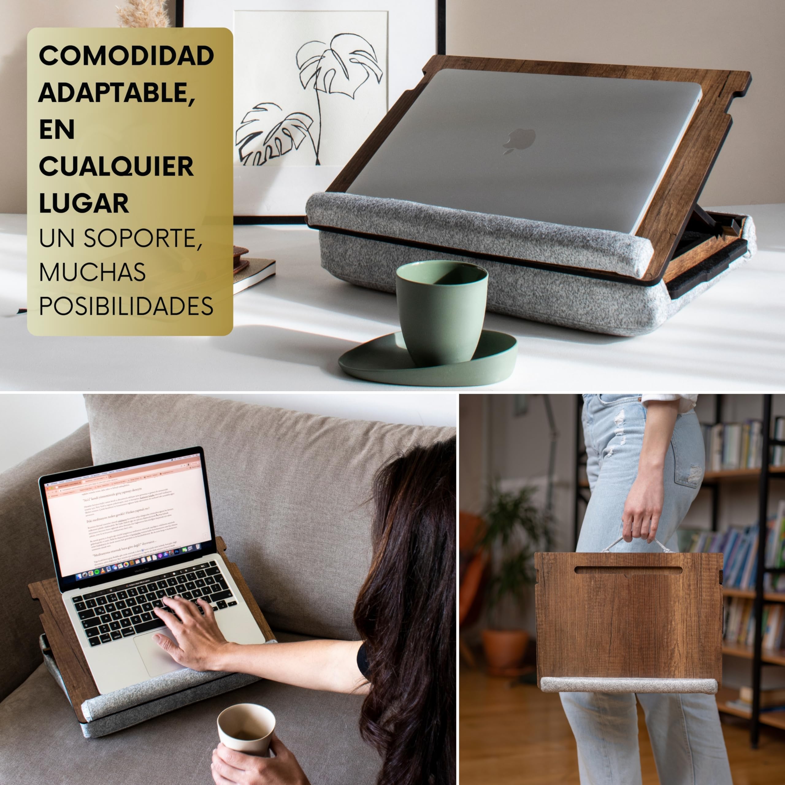 Vigo Wood Bandeja para Portátil - Ergonómica, Ajustable, y Versátil - Trabaja Cómodamente en Casa, Sofá y Cama - Mesa Portátil con Soporte y Cajón para Ratón - Ideal para Oficina en Casa