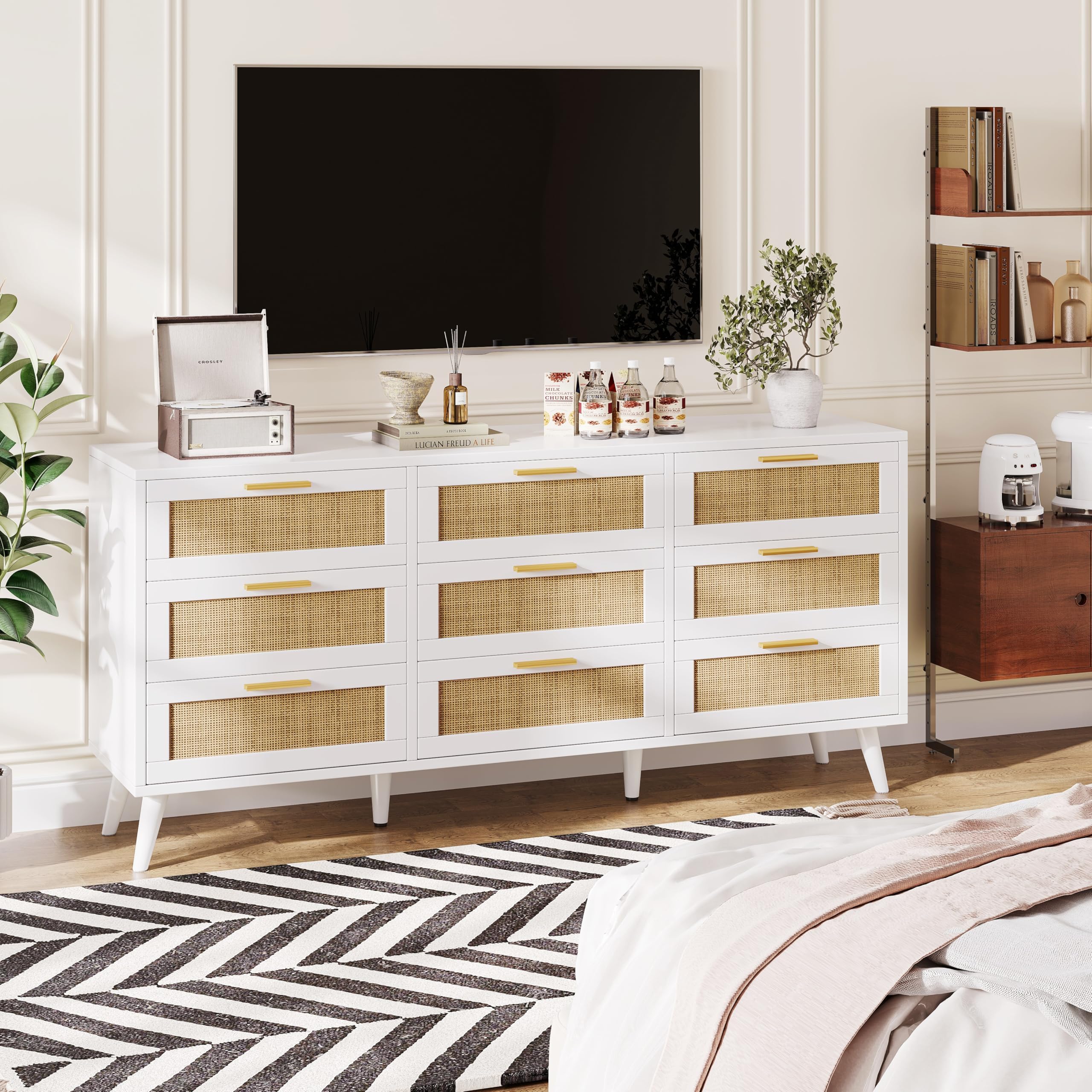 Rovaurx9 Drawer Double Dresser for Bedroom, Rattan Chest of Dressers, Modern Wooden Dresser Chest with Golden Handles, Beside Table for Closet, Living Room and Entryway, White and Natural RDG002WM