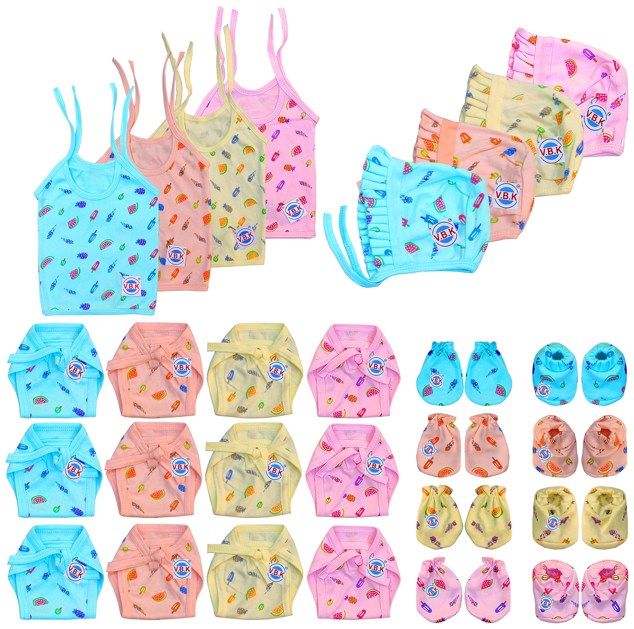 Baby Boy and Baby Girl Cloth Set With Jhabla(4 Piece),  Nappy(Langot)(12 Piece),Hand Mittens(Gloves)(4 Pair),Leg Booties(Socks)(4  Pair)