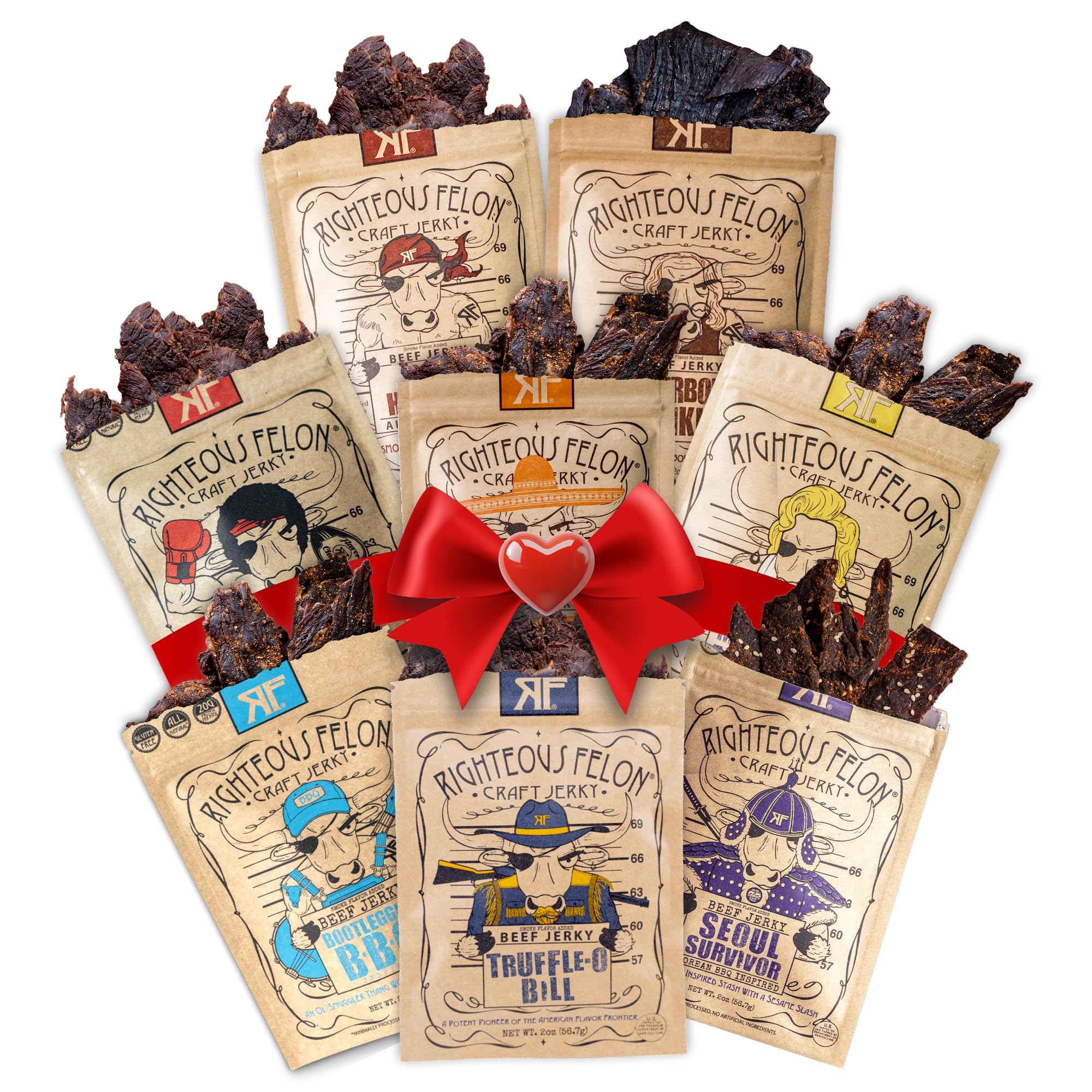 Righteous Felon Beef Jerky Variety Pack | Gluten Free Beef Jerky Snack Pack | High Protein, Keto-Friendly, Low Sugar | Made with Premium Meats | Valentines Day Gifts for Men | Sampler 8 Pack