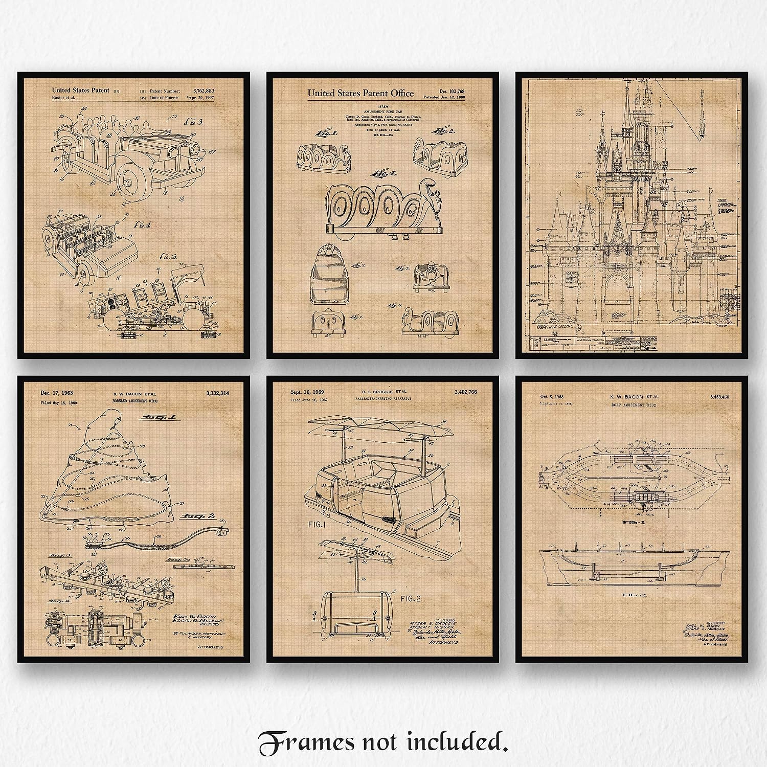 Classic Amusement Park Rides Patent Prints, 6 (8x10) Unframed Photos, Wall Art Decor for Home Disney Architecture Office Roller Coaster Construction Garage Work Shop School Student Teacher
