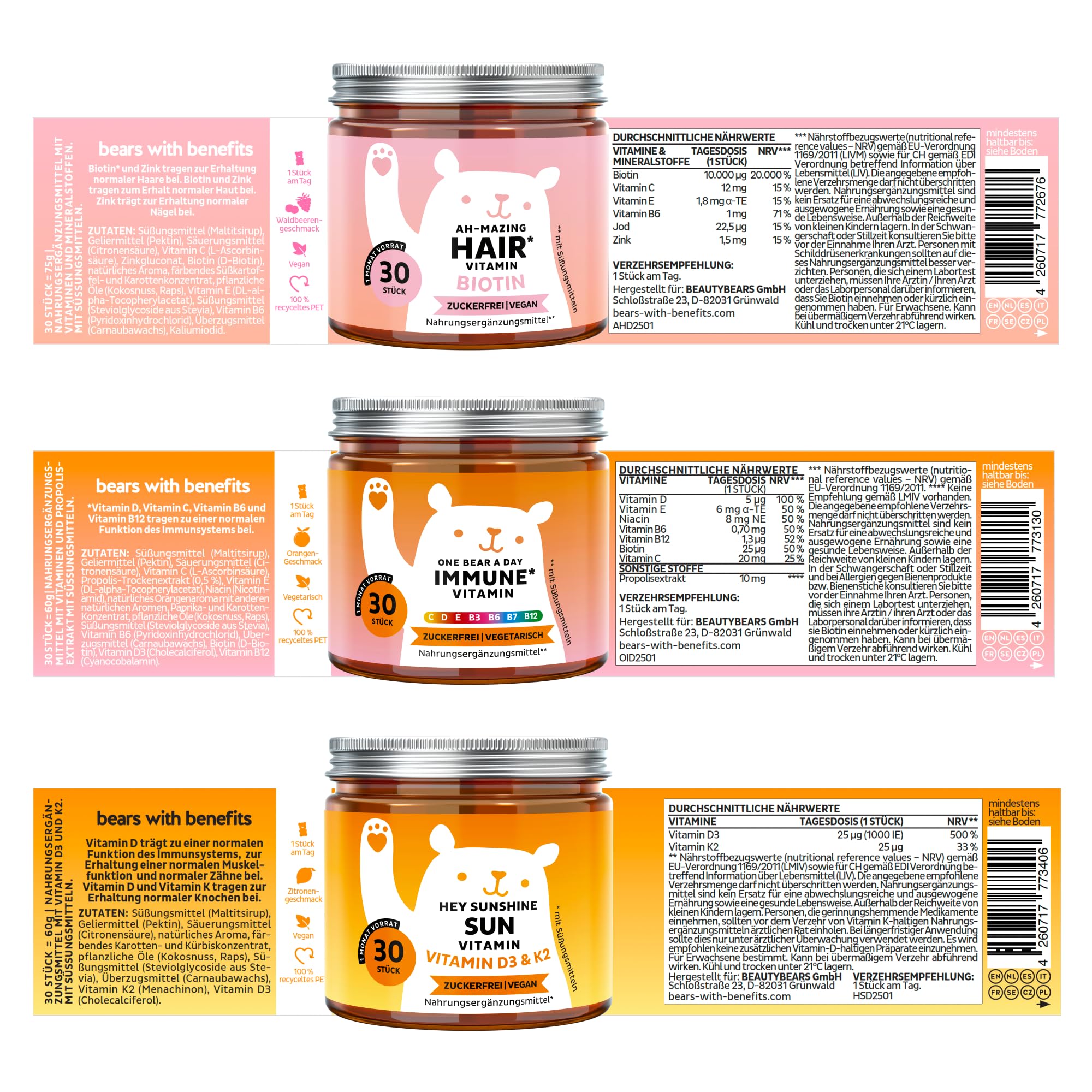 Bears with Benefits - PAck Trio Wohlbefinden Haare & Immunität - 3x30 Stück | Gummibärchen 10 000µg Biotin, Multivitamine Komplex & Vitamin D3 K2 - Zuckerfrei