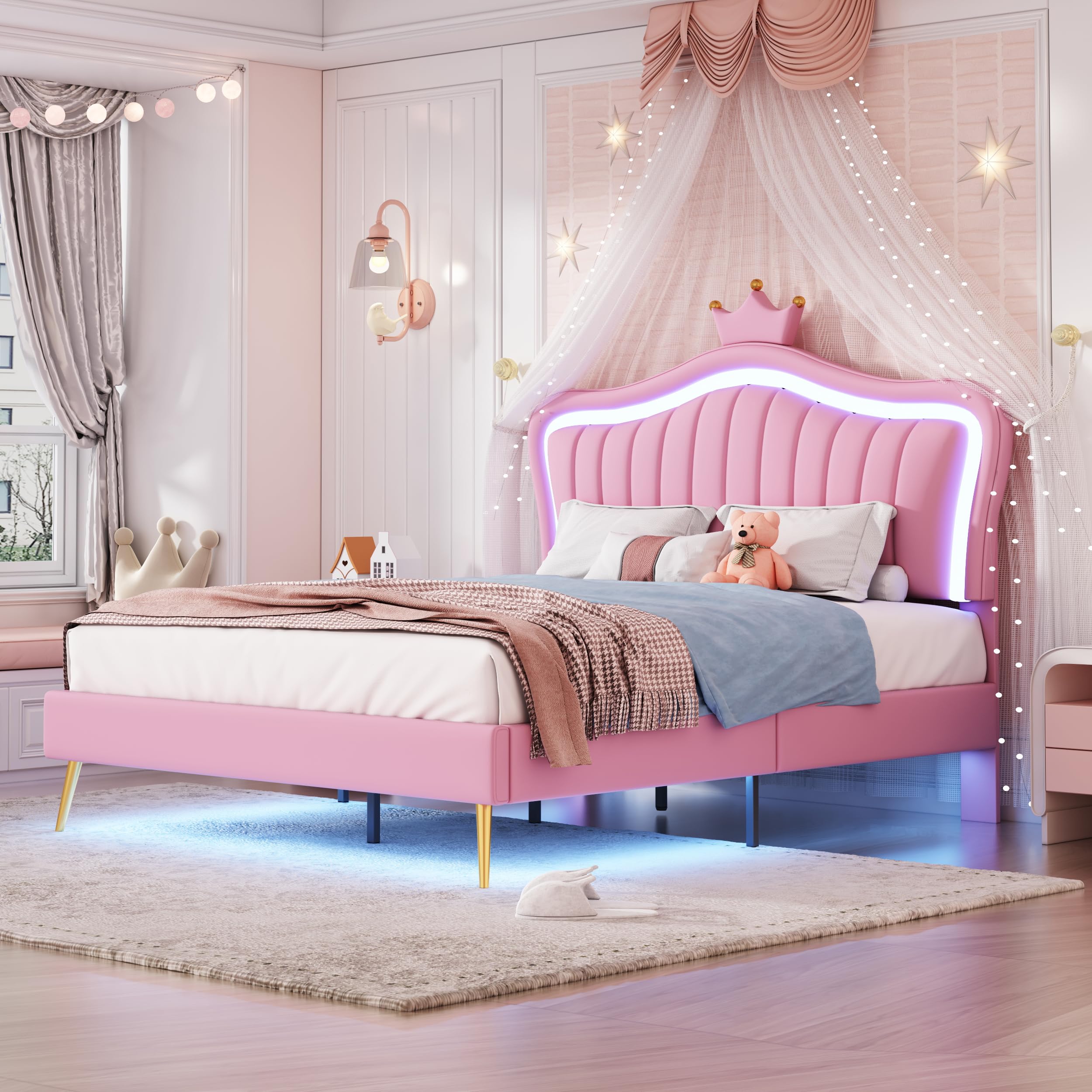 Cama infantil tapizada, marco de cama para niñas, marco de cama doble de piel sintética con luces LED, somier de láminas y respaldo (colchón no incluido) (rosa, 140 x 200 cm)