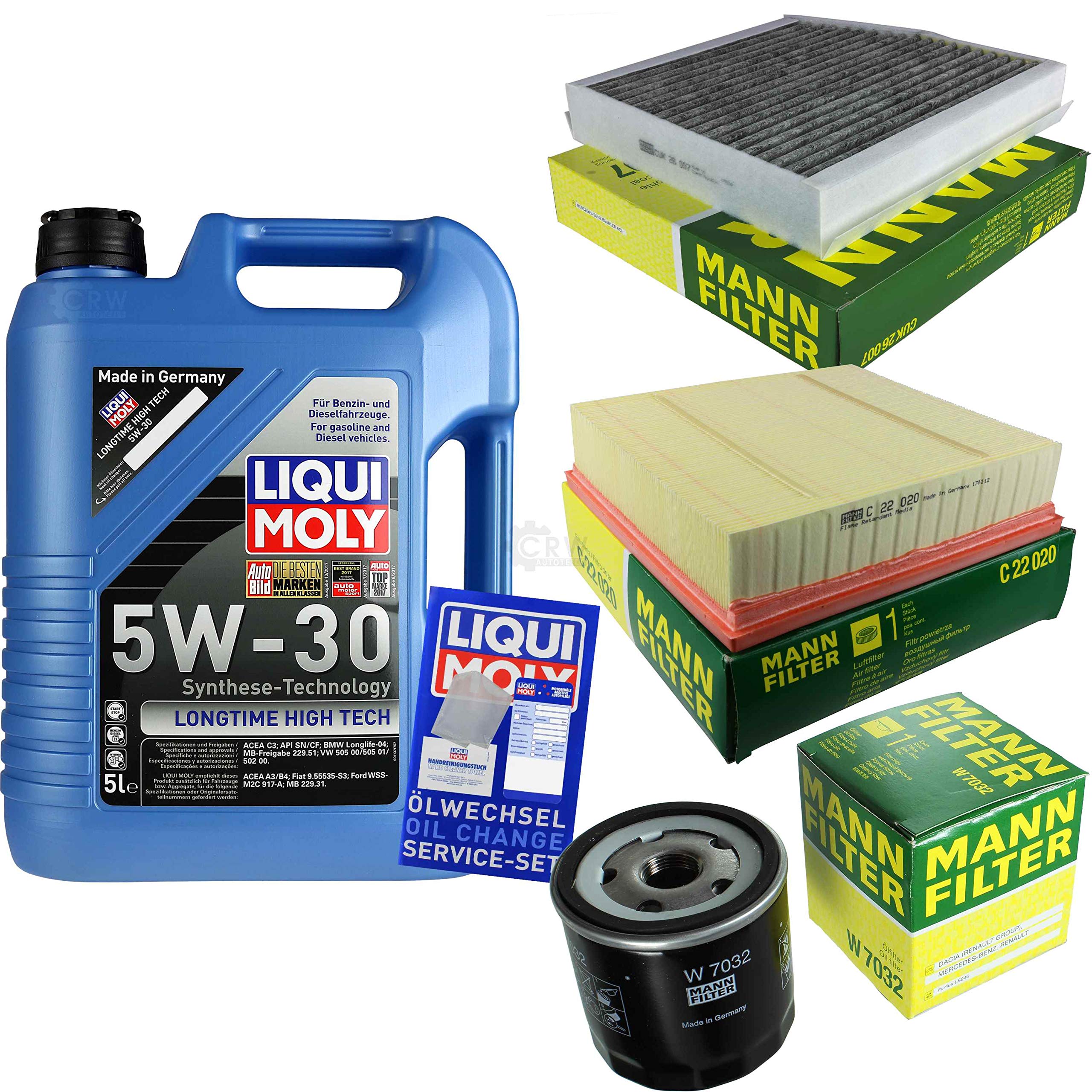 Set di filtri da 5 litri, olio motore Longtime High Tech 5W-30 Mann-FILTER filtro abitacolo filtro aria filtro olio