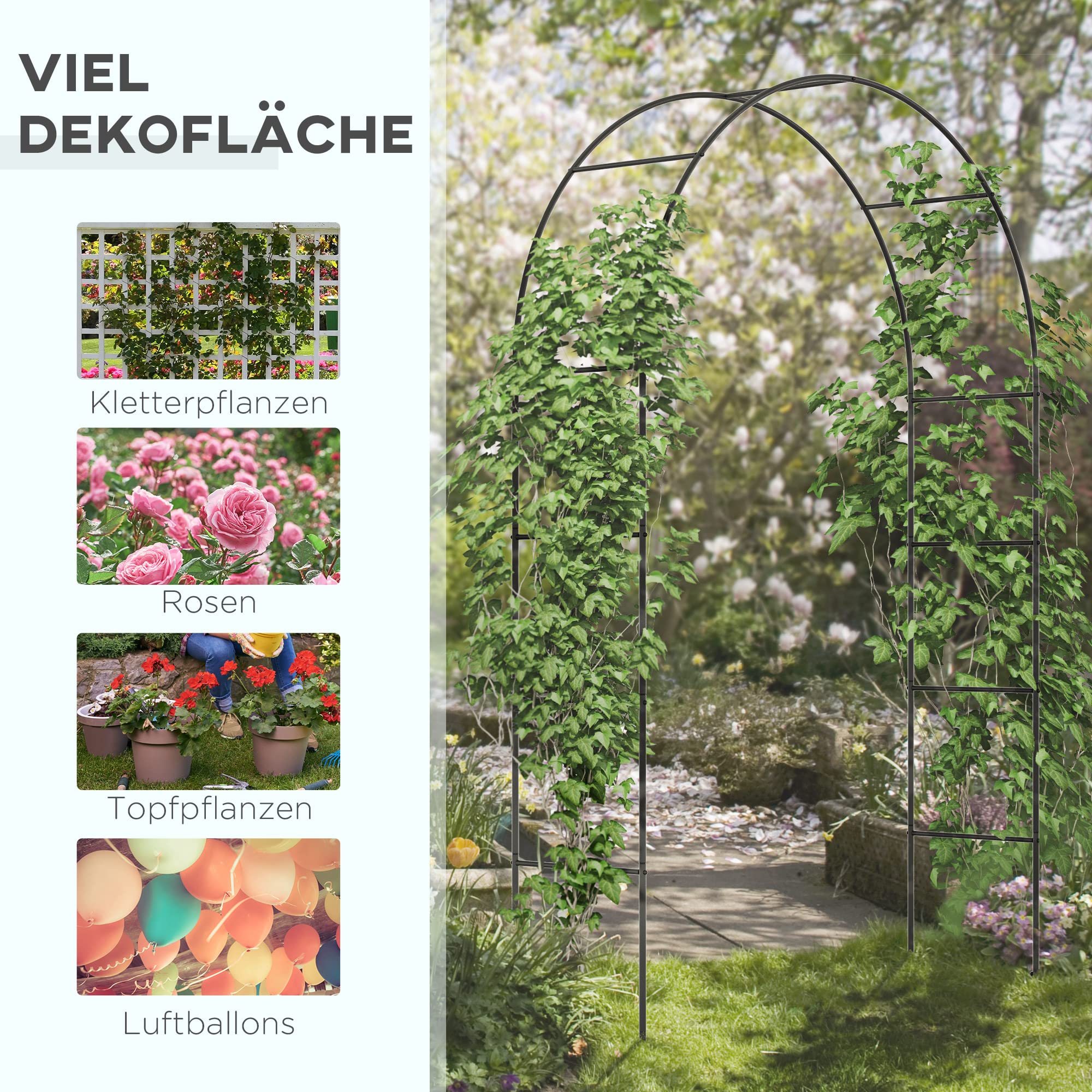 Outsunny Rosenbogen aus Metall Rankhilfe für Kletterpflanzen Gartenbogen mit Spitze Metallstruktur Torbogen Rankbogen für Rosen Bögen Rosenhilfe für Garten 140 x 40 x 240 cm Schwarz