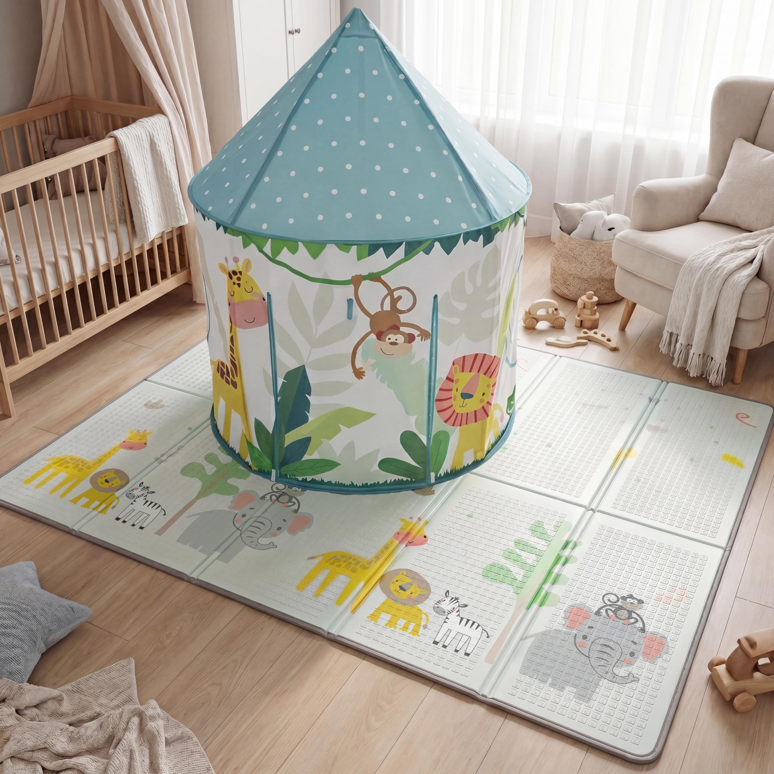 Kids Jungle Play Tent and Play Mat Set, Double Sided, Thick Foam, Antislip and Waterproof Play Mat & Matching Immersive Polyester Play Tent