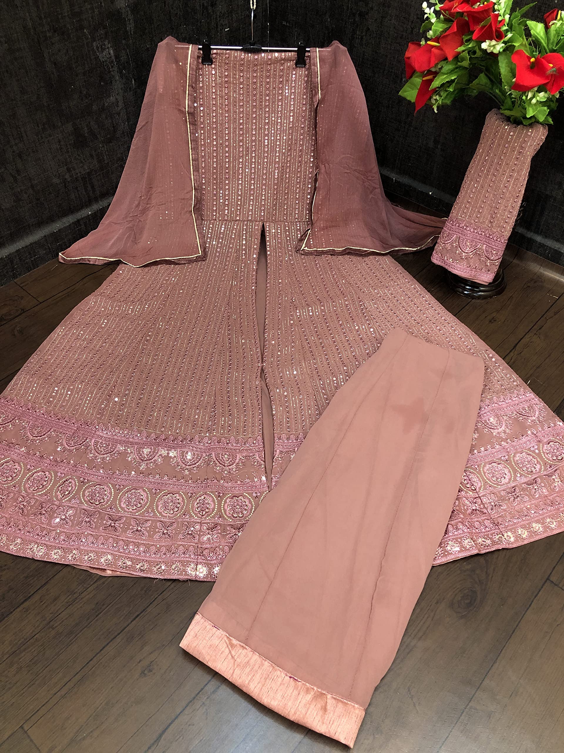 RUDRAPRAYAG Anarkali Georgette and Santoon Gown for Women Peach 4