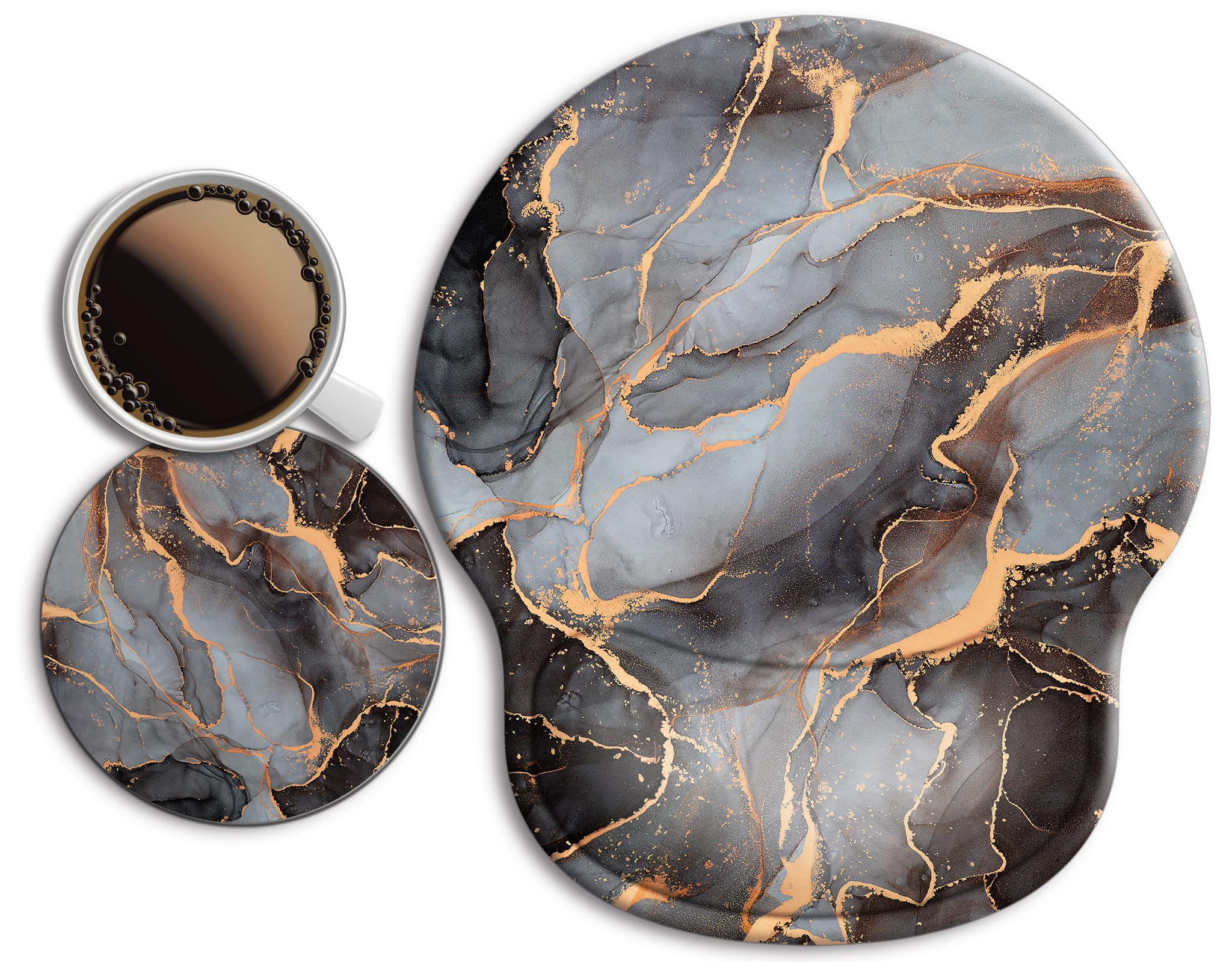 Ergonomic Mouse Pad with Wrist Support Rest,Large Mousepad Gel Wrist Rest, with Coaster Non-Slip & Pain Relief for Computer, Desk, Home&Office-Black Golden Marble