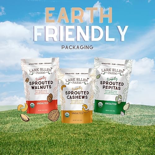 Miniatura 7 de Lark Ellen Farm Anacardos certificados orgánicos germinados sin sal  Bolsa de 10 onzas, sin OMG, bocadillos Keto, Paleo, sin gluten, vegano,
