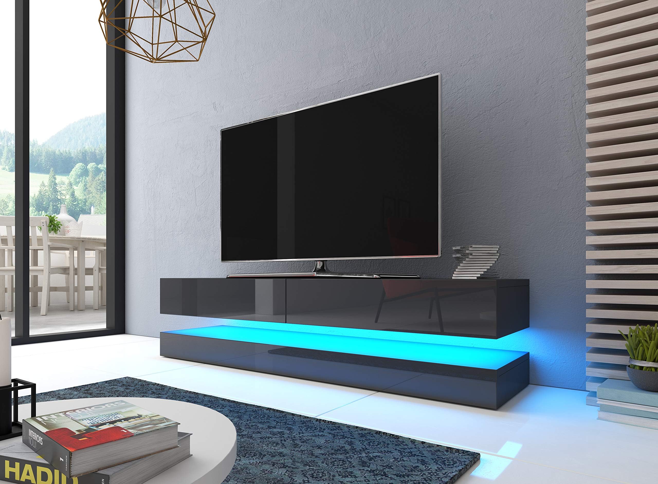 Caspian Flow 140cm LED Floating 2 Drawer TV Cabinet Unit - Black White Grey Wood#Grey