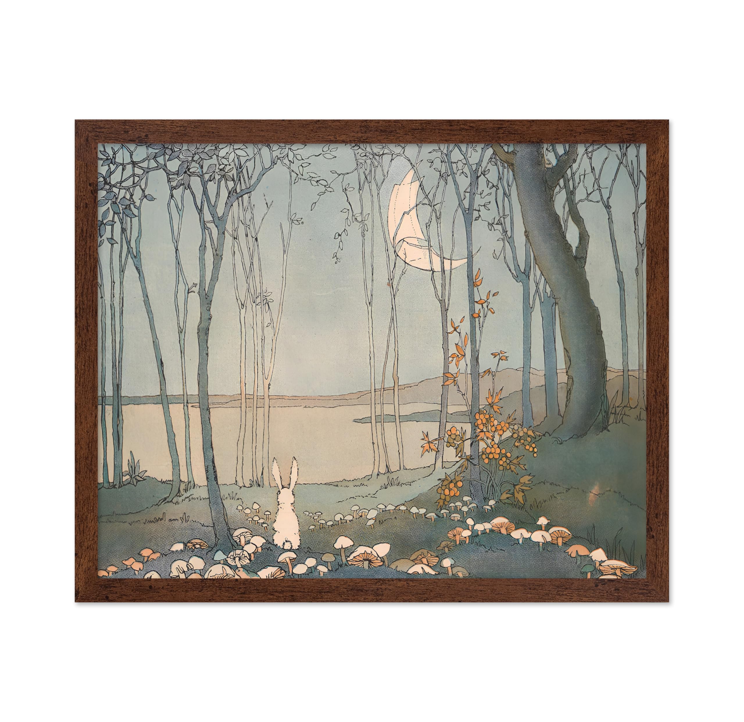 Monem Art New Moon Poster - Retro Bunny in the Woods Print - Mushroom Art - Crescent Moon Design - White Rabbit Design - Fairytale Print - Aesthetic