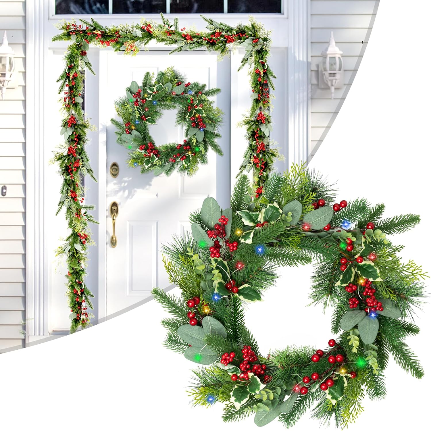 24 Inches Pre-Lit Christmas Wreaths for Front Door with Colourful LED String Lights
