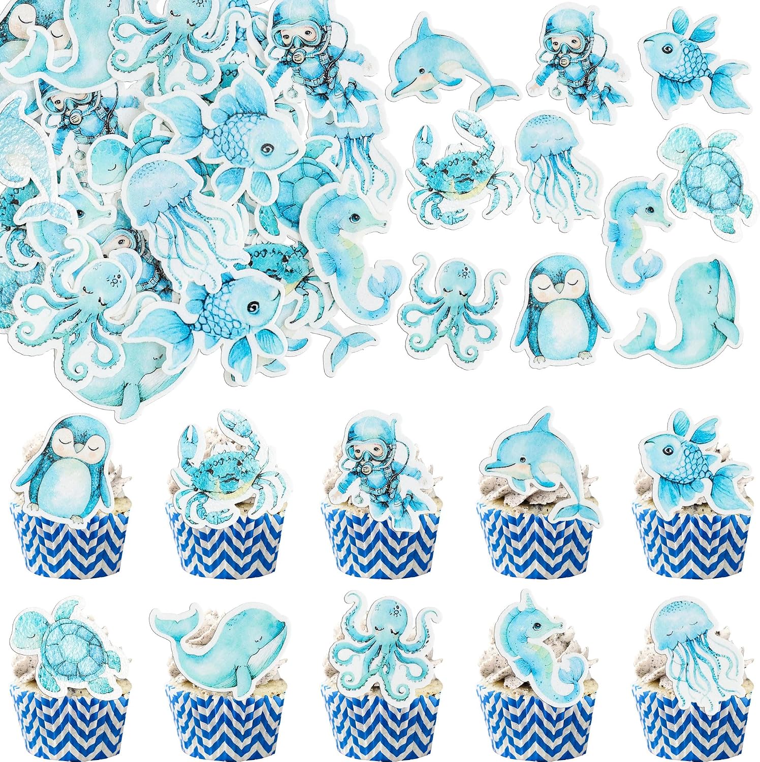 Gyufise 60Pcs Edible Sea Shell Cupcake Toppers Starfish Conch Seahorse SeaShell Cupcake Picks Edible Beach Party Decorations for Under the Sea Baby Shower Wedding Birthday Party Cake Decors Supplies