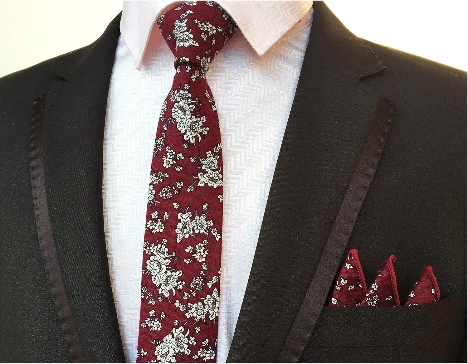 Secdtie Men's Skinny Handkerchief Tie Cotton Floral Necktie & Pocket Square Set