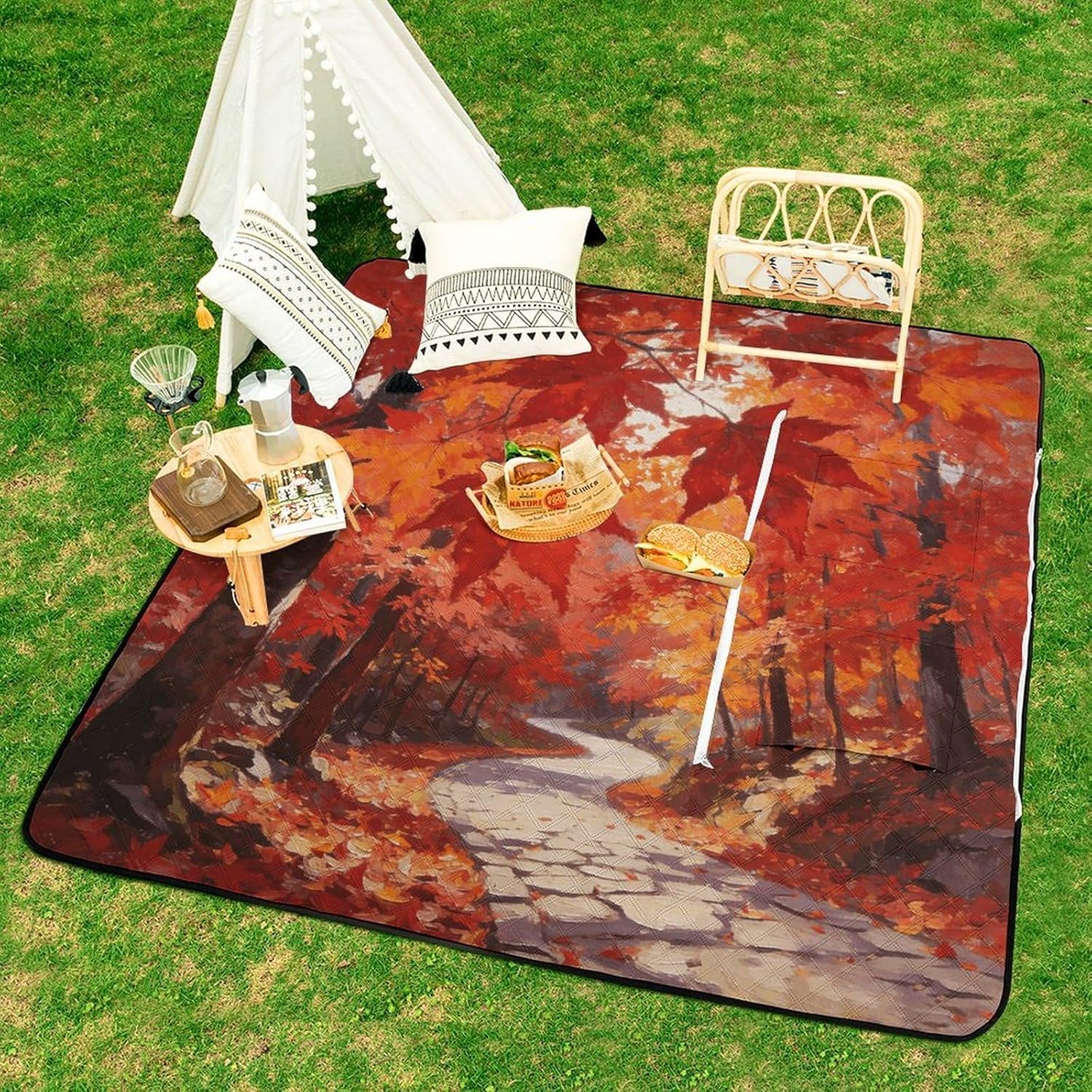 Red Oil Painting Picnic Blanket with Zipper Water Resistant Sand Free Picnic Mat Washable Foldable Easy Carry Beach Blanket for Lawn Beach Hiking Camping