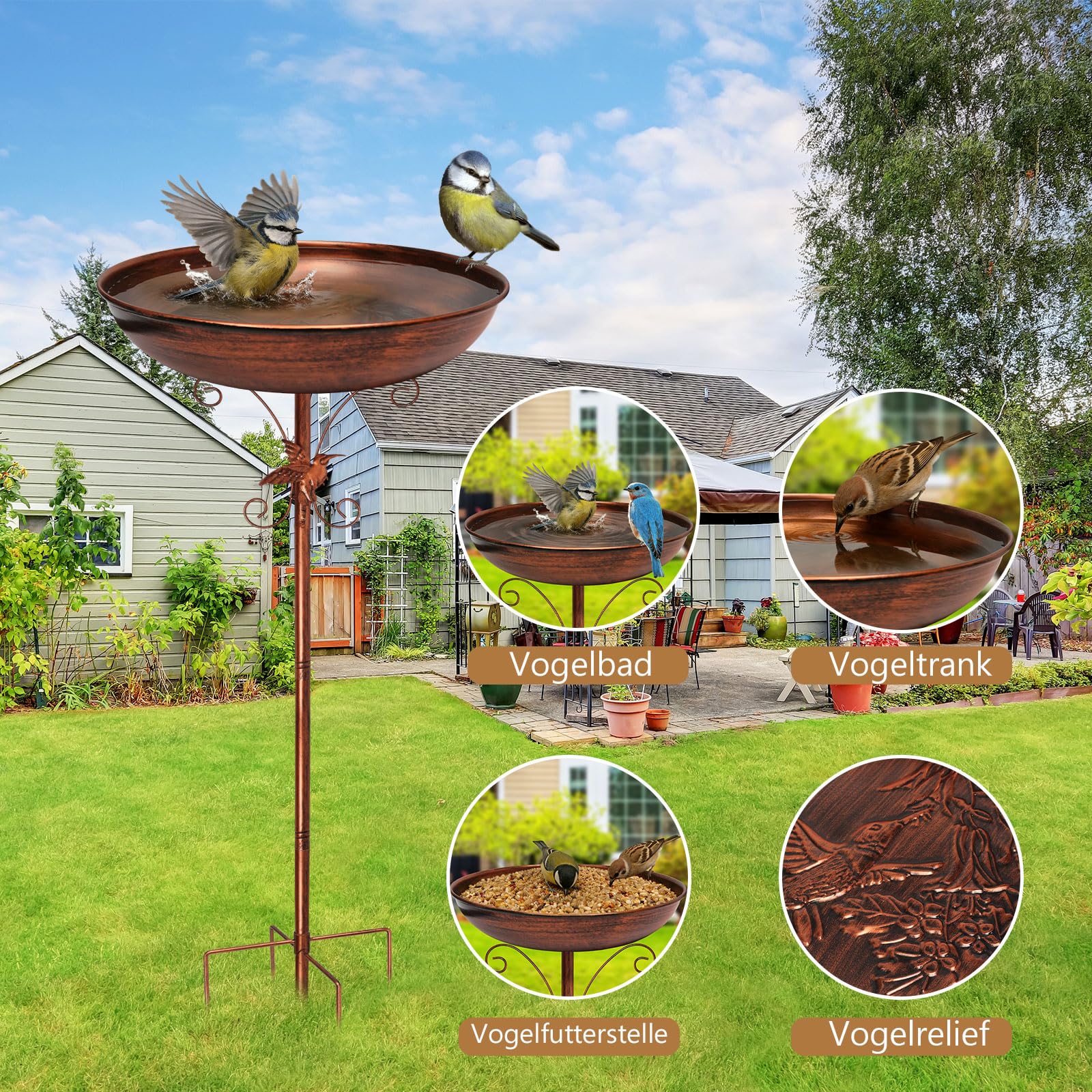 Newthinking Vogeltränke Stehend 39 Zoll, Frostsicheres 3-in-1 Metall Vogelbad mit Vogelrelief, Winterfest für Garten zum Baden, Trinken und Füttern (Antik Bronze)