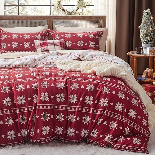 Bedsure Funda de edredón con copos de nieve navideños, juego de cama tamaño Queen con edredón y 2 fundas de almohada (patrón de copos de nieve)