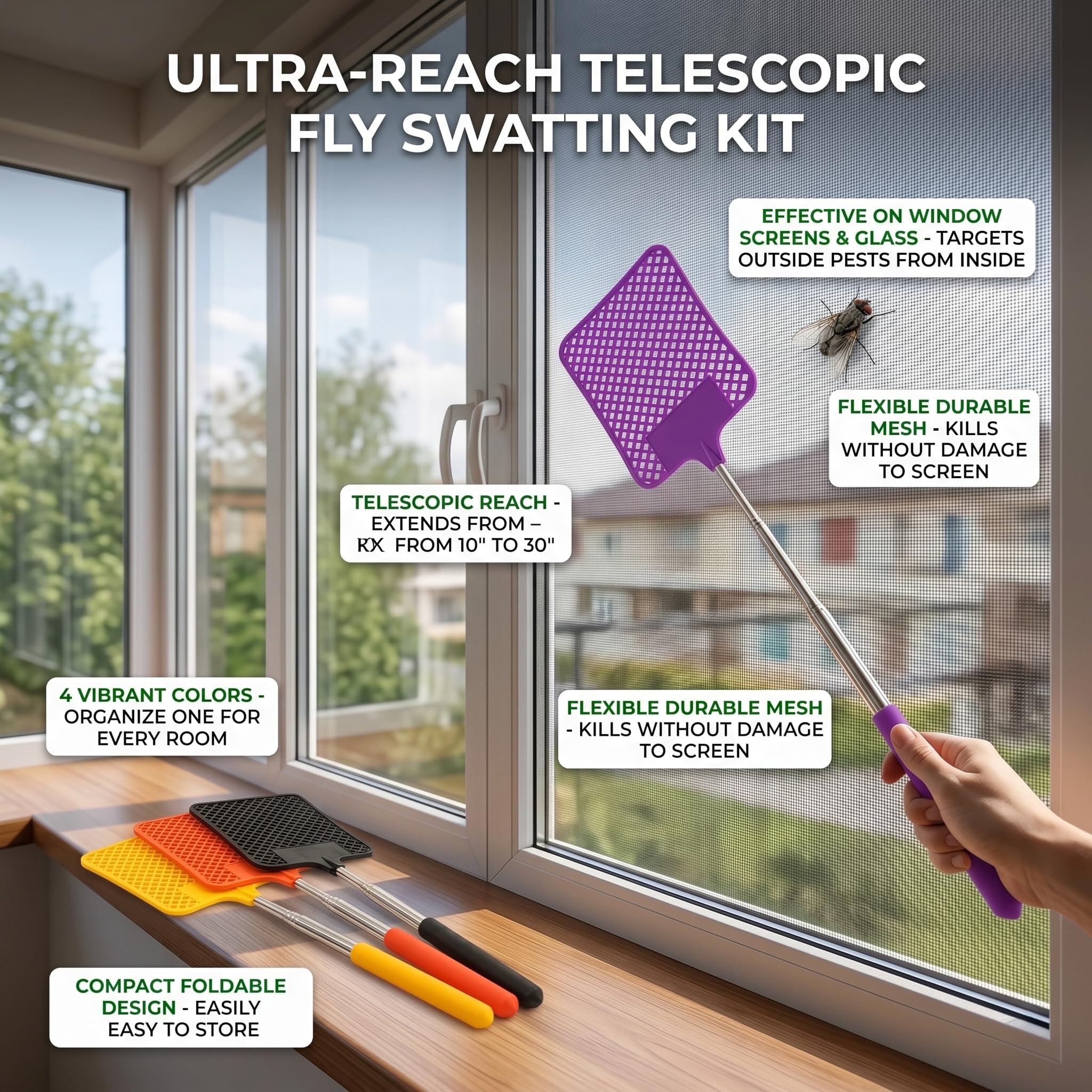 Scacciamosche telescopico Estensibile 4 Pezzi swatter zanzare Insetti a Mano 27.5-76 cm Colori Assortiti Uso Interno Esterno casa Ufficio Viaggio
