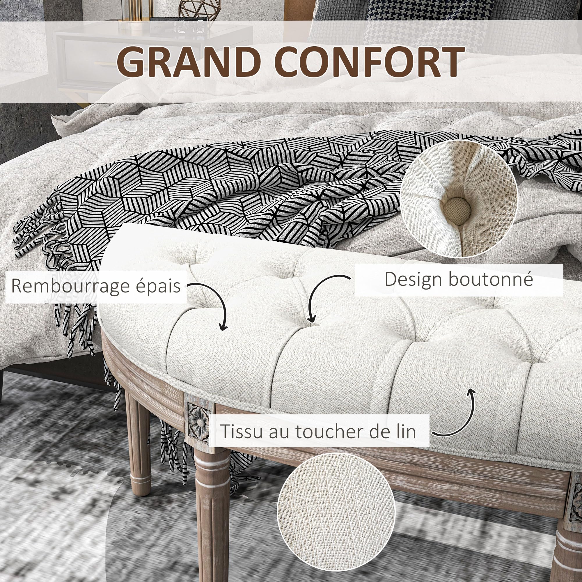 HOMCOM Banc Bout de lit Banc d'entrée en Forme Demi-Lune Capitonnée Crème | Banquette, Style Louis XVI, Structure en Bois Massif Sculpté Patiné, Siège en Tissu Aspect Lin
