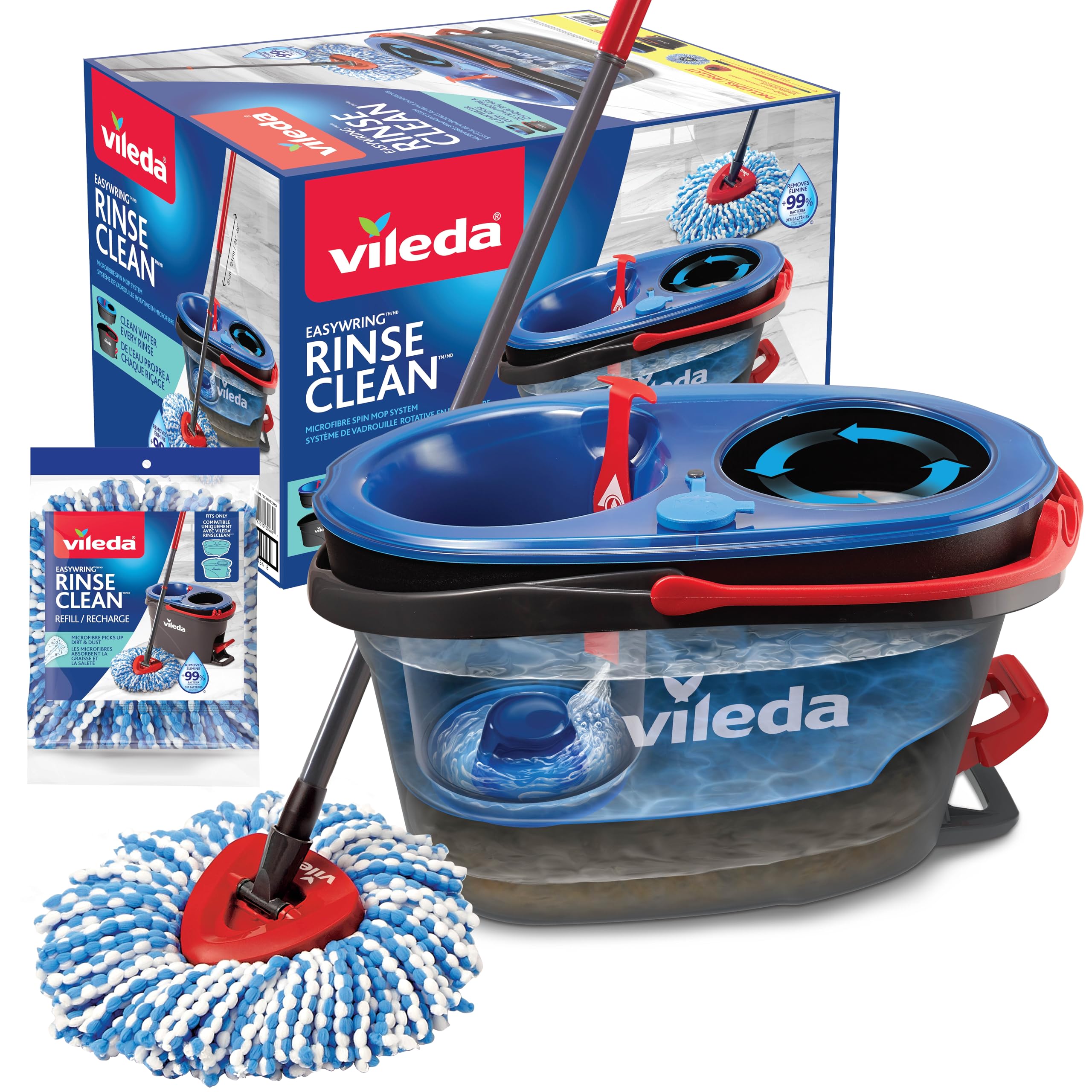 Vileda Multicolor Easywring Rinseclean Spin Mop & Bucket System With 1 Extra Refill | 2-Tanks Separate Clean And Dirty Water | Machine Washable And Reusable Microfiber Mop Head | Hands-Free Wringing Mop Bucket