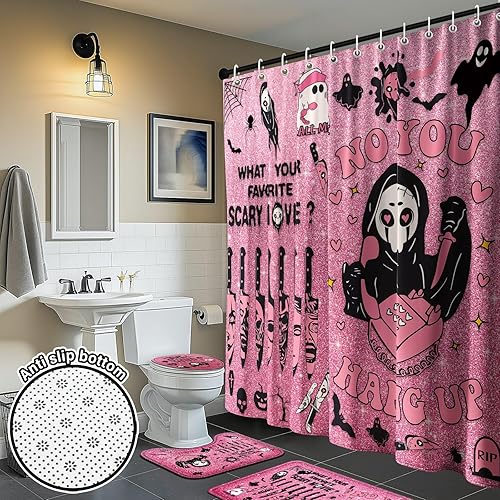 Miniatura 3 de KAIRA Juego de cortina de ducha gótica de Halloween con alfombras y accesorios, decoración de baño con temática de película de miedo, 72 x 72