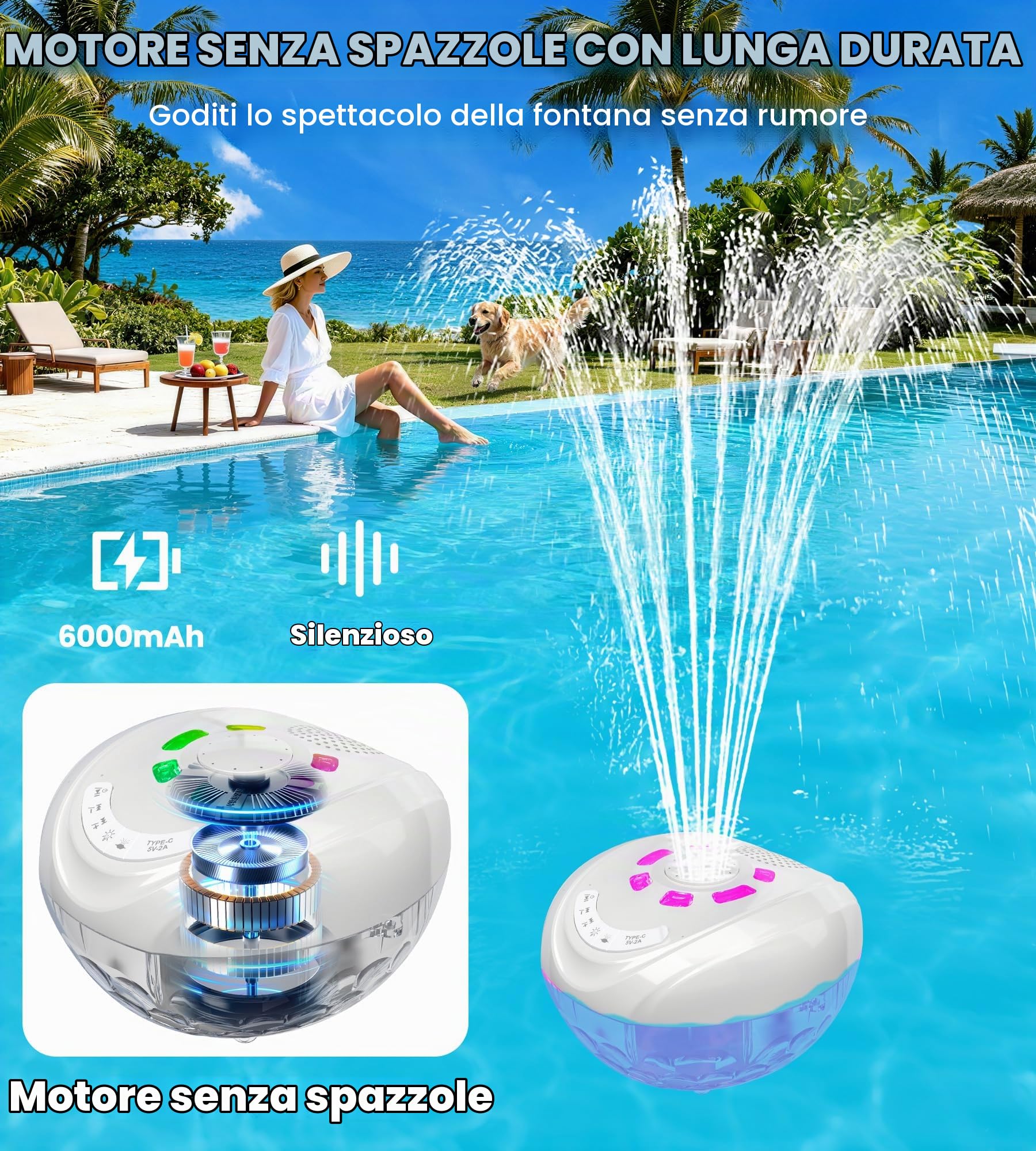Luxfero 3 in 1 Altoparlante per Piscina con Fontana & Luminosa,Altoparlante Bluetooth Piscina,Cassa Bluetooth Impermeabile IP68,BT5.4,Suono Stereo Altoparlante Bluetooth Potente,Fontana per Piscina