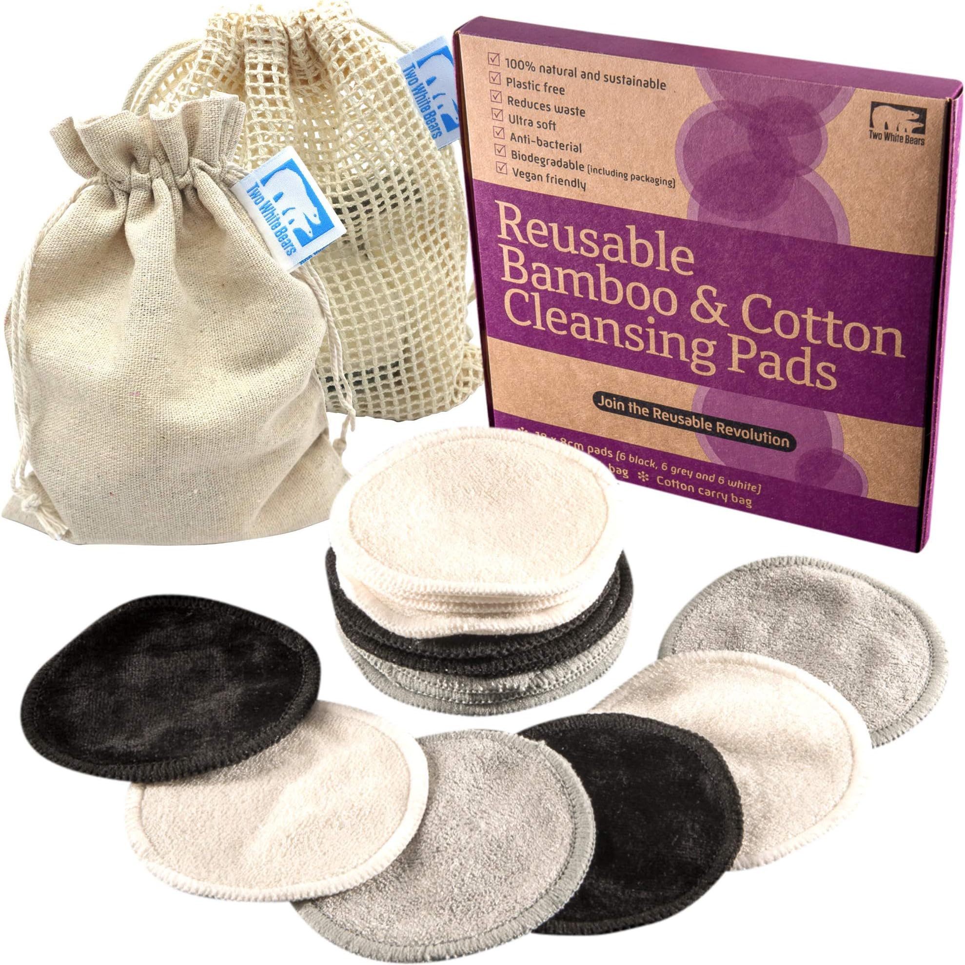 Reusable Makeup Remover Pads - Super Soft Reusable Cotton and Bamboo Face Wipes for Make Up. One Tree Planted per Sale. Washable Eco Friendly Gifts. by Two White Bears