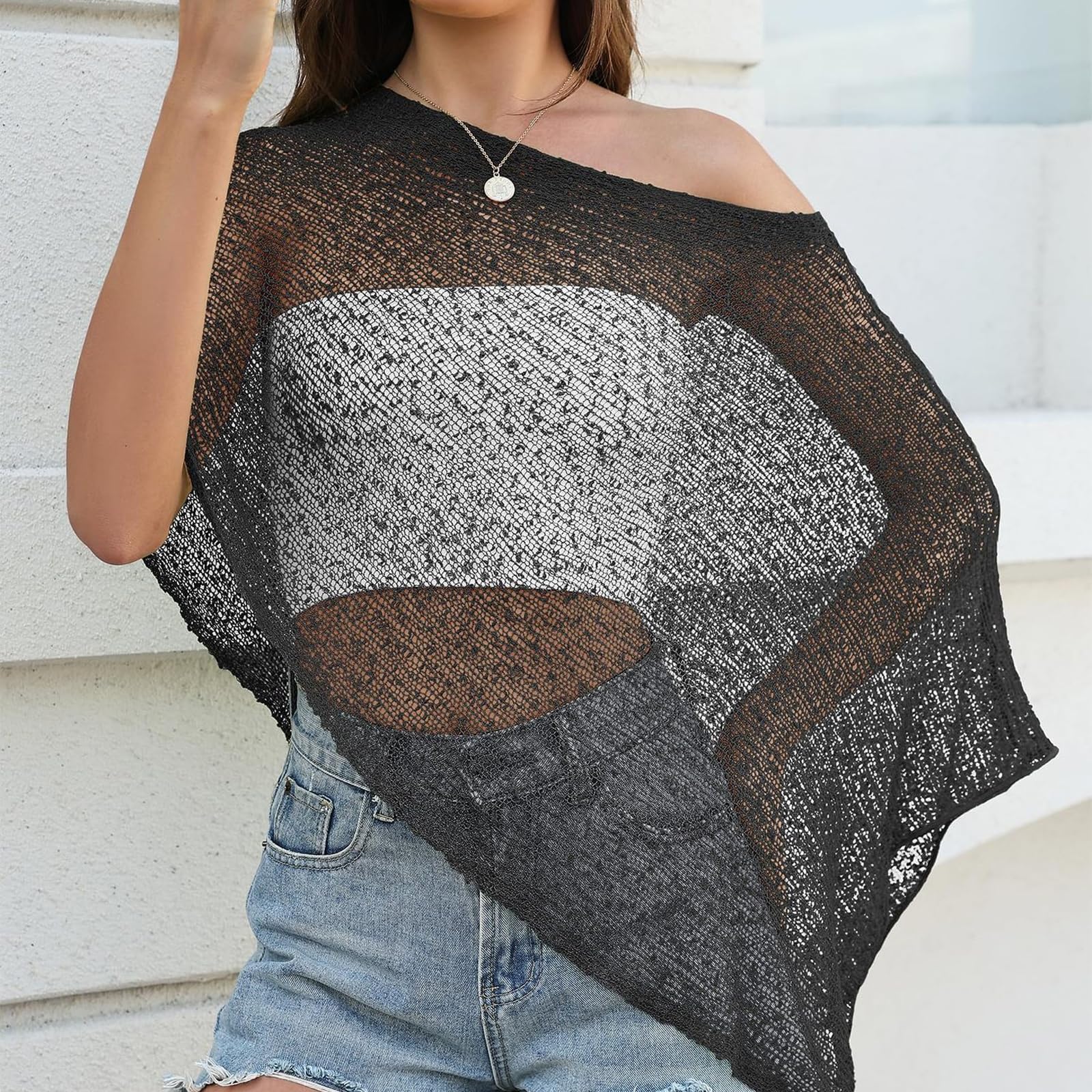 Poncho da Donna Velato Lavorato a Maglia, Trasparente Asimmetrico Coprispalle, Mantella Leggera Scialle Traforata, Estivo Poncho da Spiaggia, Elegante Protezione Solare Moda Copricostume Mare Stola