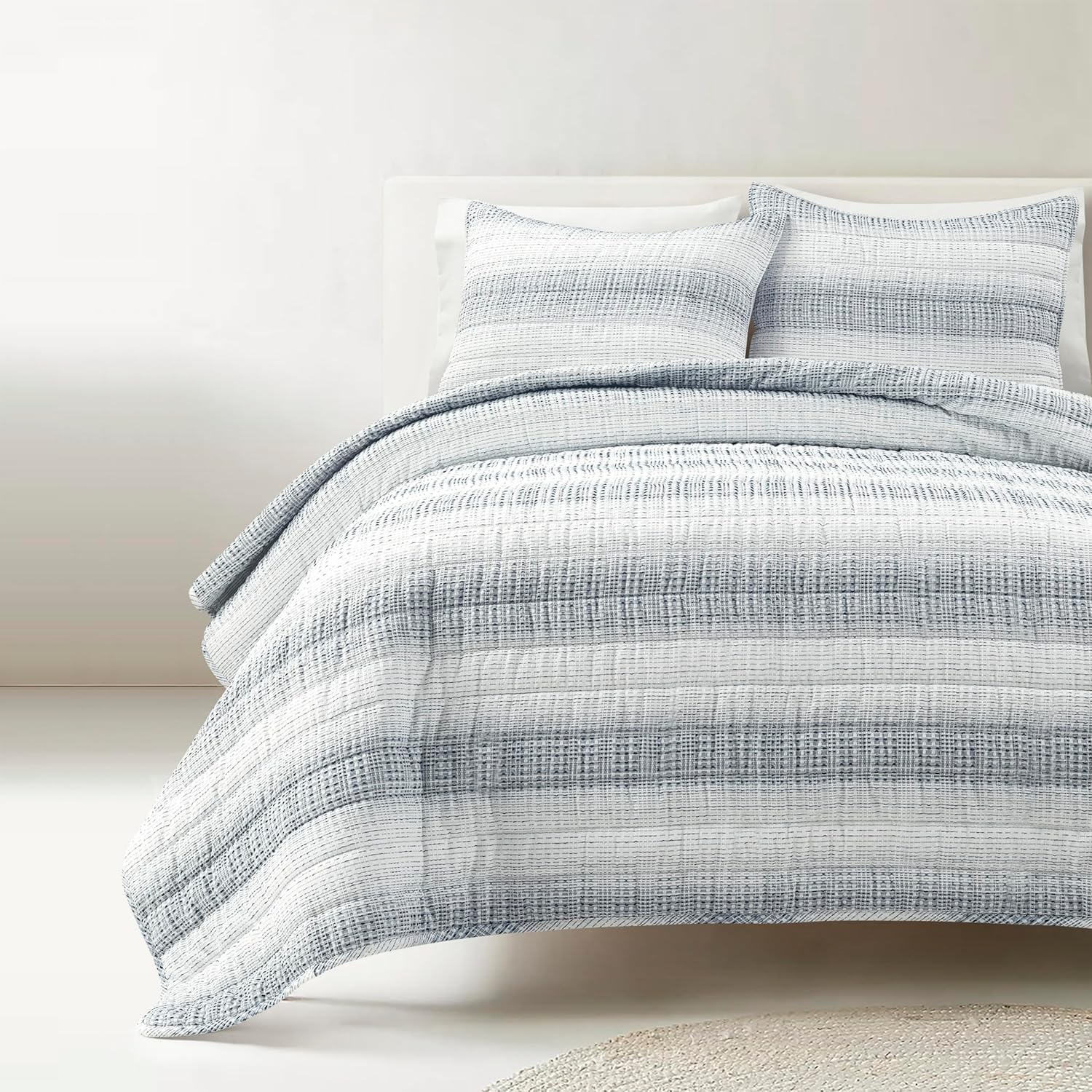 Lush Decor Yarn Dyed Textured Stripe Waffle Quilt Set, 3 Piece Set, Full/Queen, Navy & White - Soft Waffle Bedding Set - Blue Quilt - Waffle Blanket - Minimalist, Modern & Farmhouse Bedroom Decor