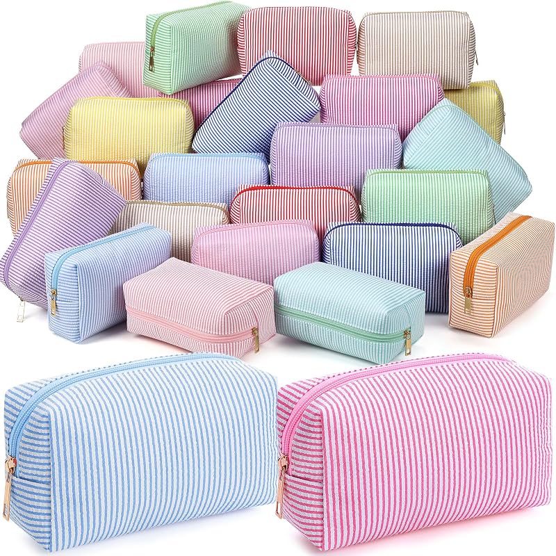Necessaires de Maquiagem Sanwuta em Tecido Seersucker Neon com Zíper, Listradas, Pacote com 36
