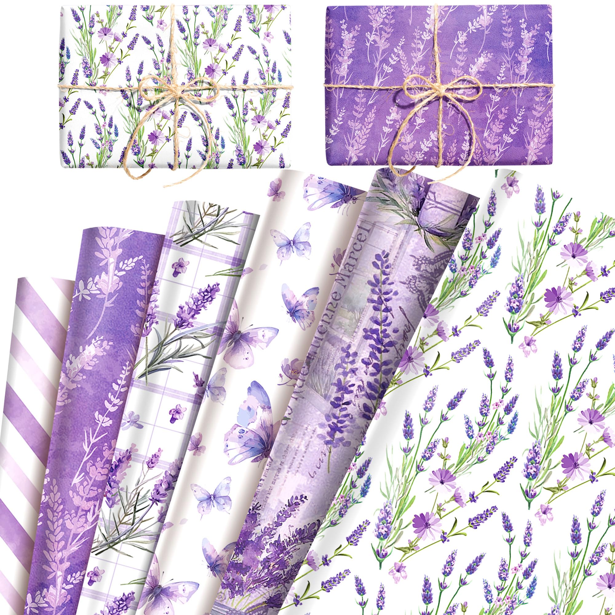 12 Sheets Purple Floral Wrapping Paper Butterfly Gift Wrap Paper Lavender Art Paper for Wedding Baby Shower Birthday DIY Crafts Gift Packing