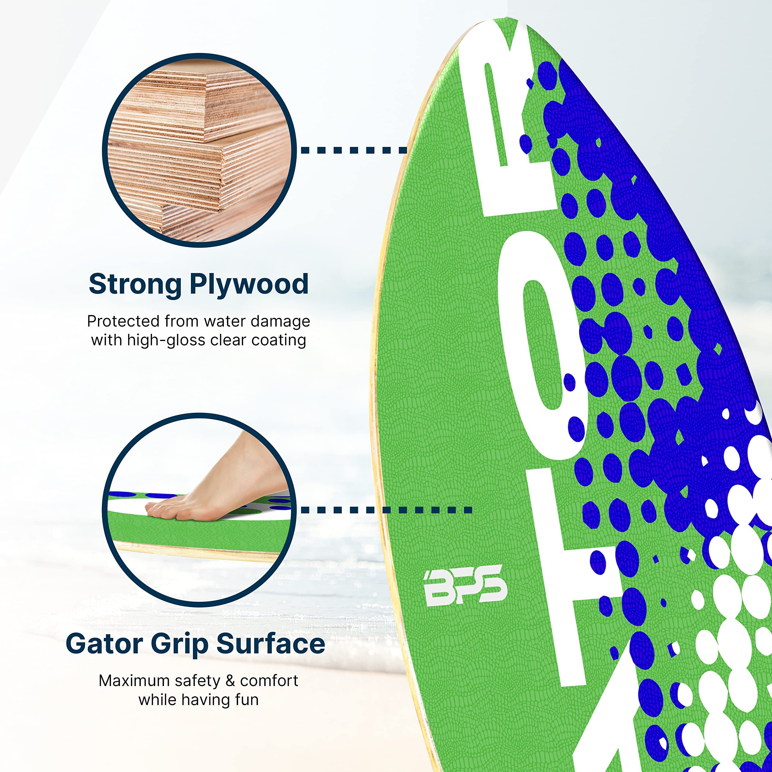 BPS 'Gator' Skimboards with Colored EVA Grip Pad and High Gloss Clear