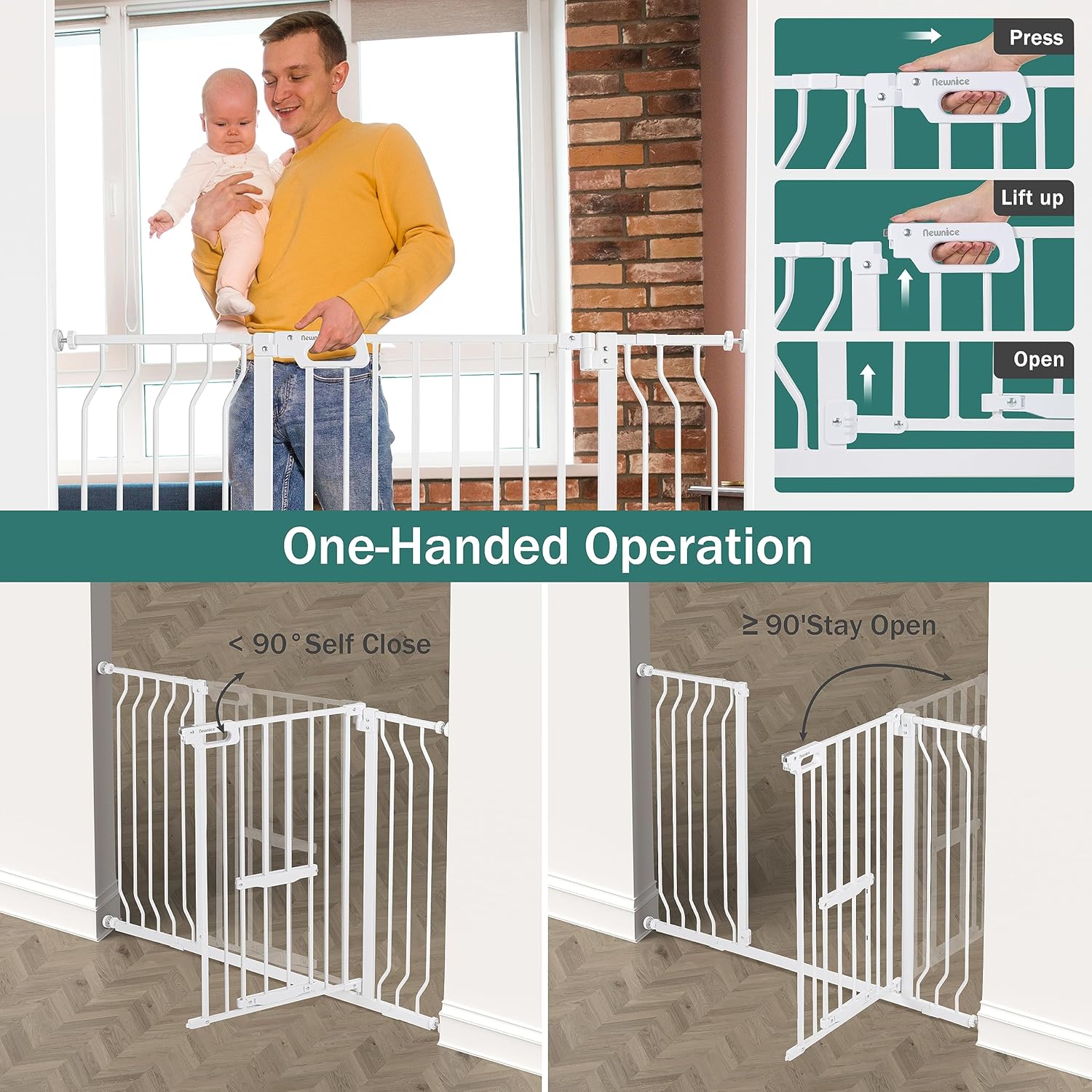 Newnice Baby Gate with Cat Door, 33" Tall 29.9-47.6" Auto Close Metal Cat Gate for Stairs, Pressure Mounted Dog Gate for Doorways, Stairs, Kitchen, Walk Thru Safety Gate with Small Pet Door, White