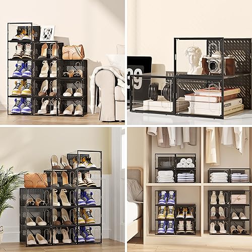 Miniatura 7 de JOISCOPE Paquete de 12 cajas de almacenamiento de zapatos, se ajusta hasta talla 13 de EE. UU., organizador de zapatos apilable de plástico PP