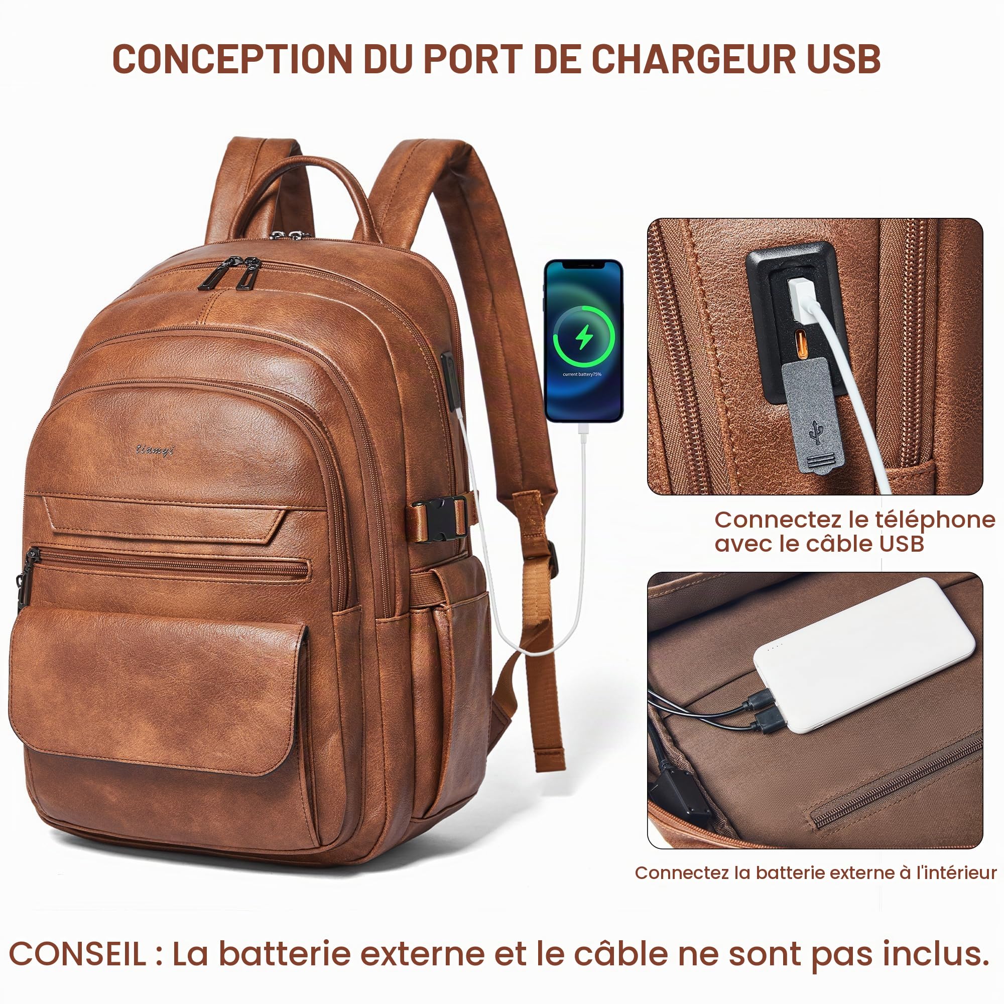 Sac à Dos en Cuir Végan Homme et Femme, Compatible avec Ordinateur 17 Pouces, Bagage Cabine avec Port USB et Sangle Valise, Design Élégant, Brown