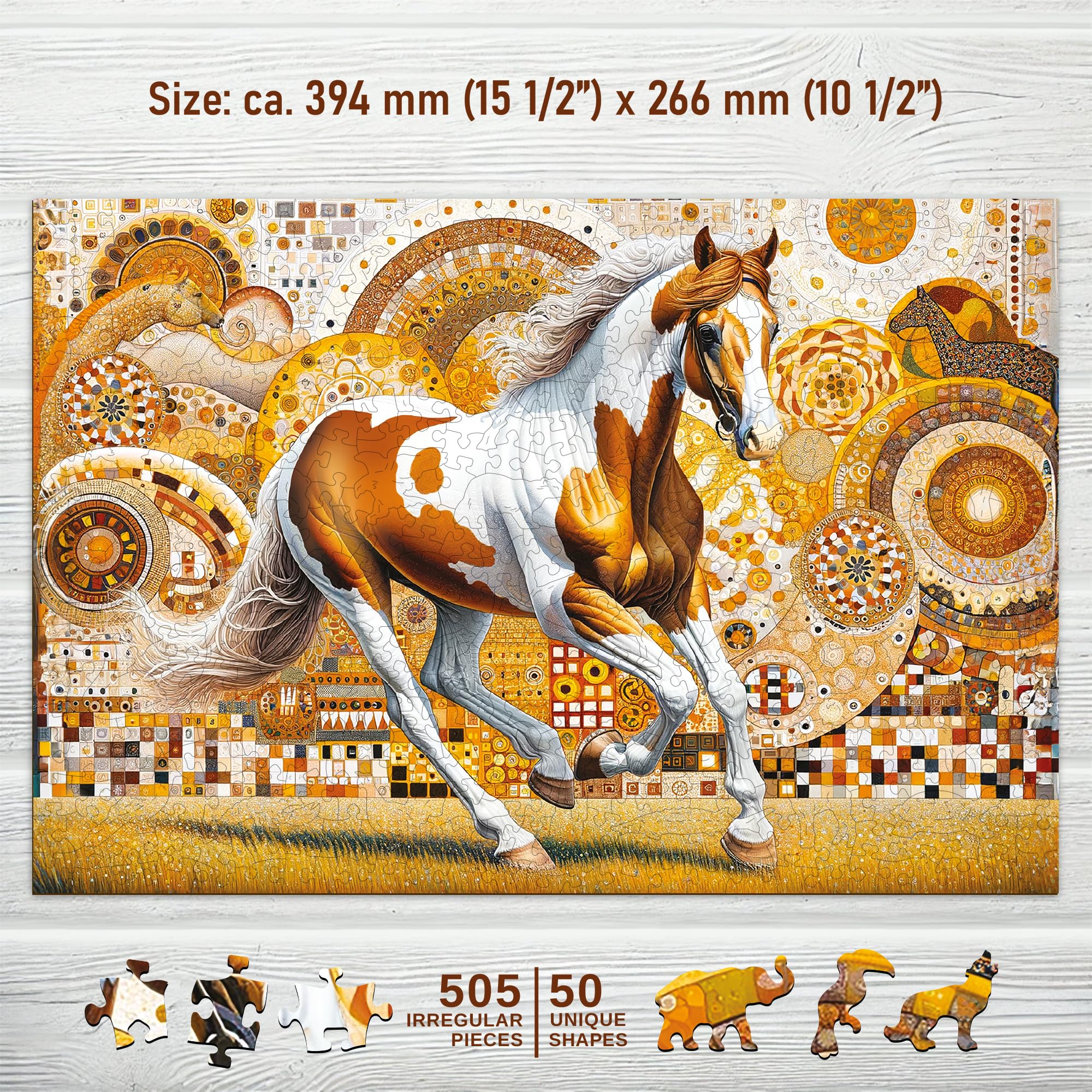 WOODEN.CITY Puzzle in legno da 500 pezzi, elegante cavallo con 50 pezzi a forma di animale, 39,4 x 26,7 cm, progettato e realizzato in UE