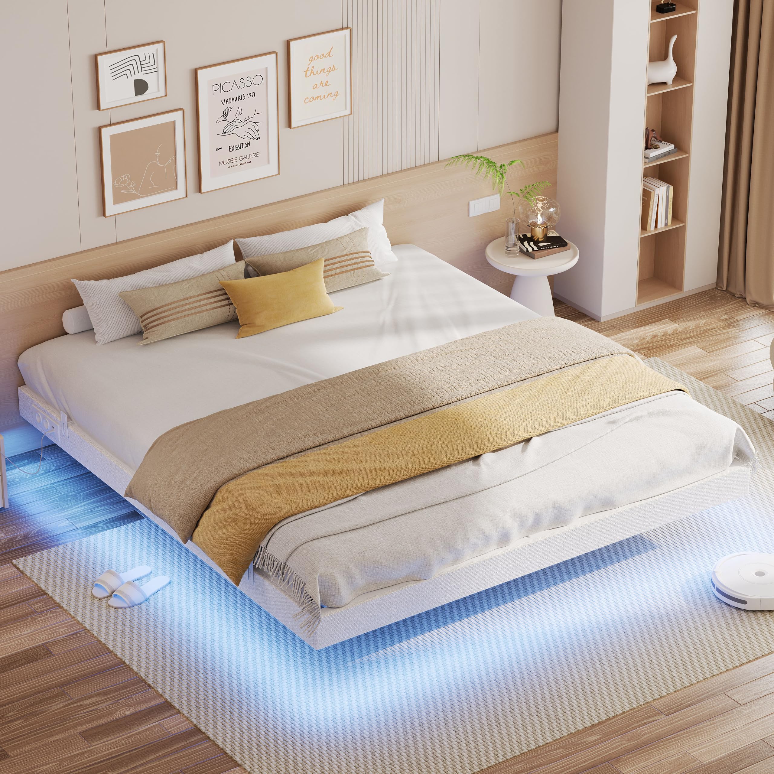 IRONCK Bettgestell 180x200 cm, Schwebender Bett mit LED Beleuchtung, Gepolsterte Seitenwände, 2 AC-Steckdosen, 1 USB-A-Anschluss, 1 USB-C-Anschluss, Metallbett mit Lattenrost Doppelbett, Weiß