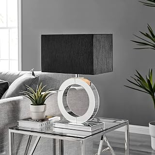 Lighting - Chloe Table Desk Lamp Light (Including Bulb) - Mirrored Statement Base Featuring Round Halo Design & Black Rectangular Fabric Lampshade - Glam Modern Retro Statement Lamp