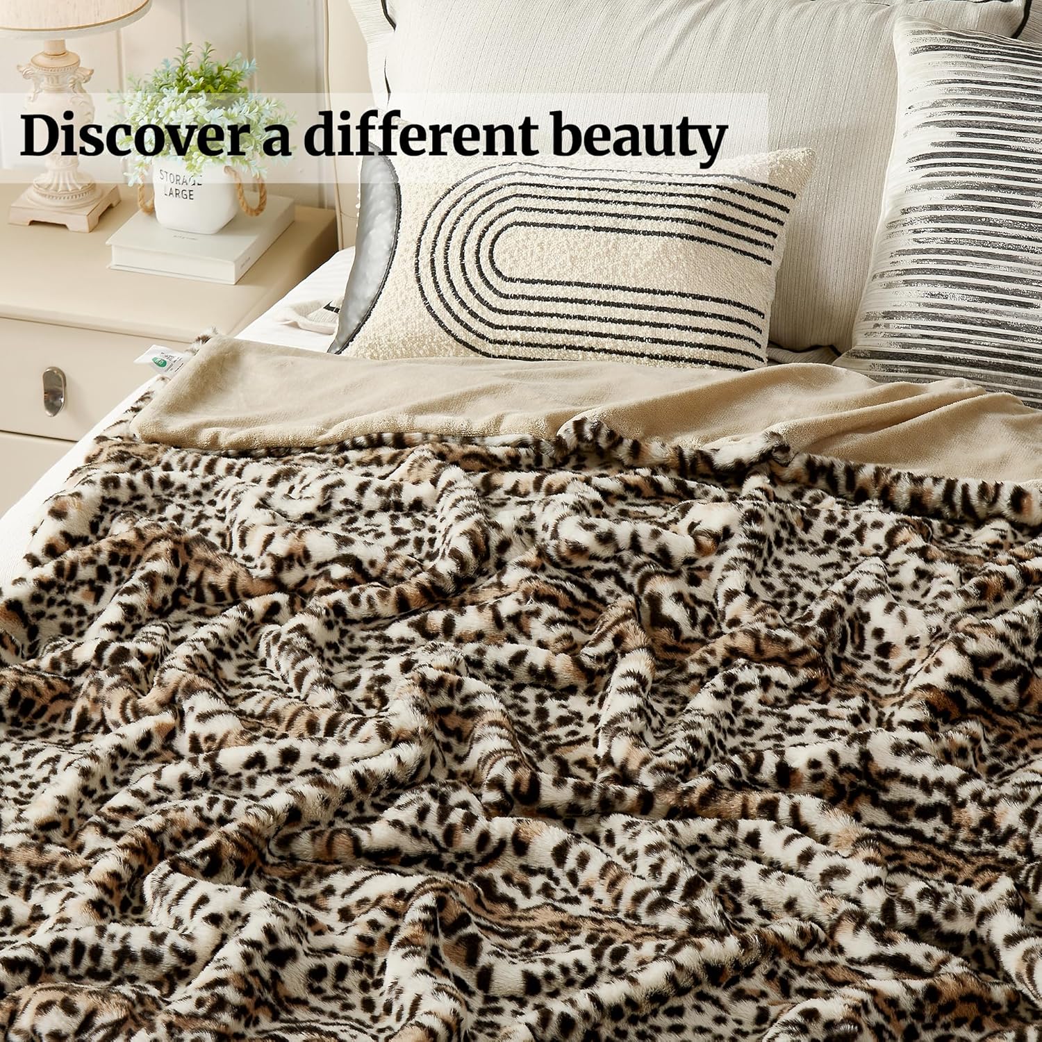 JONIYEAR Cozy Fluffy Brown Cheetah Faux Rabbit Fur Throw Blanket 50" x 60", Decorative Thick Fuzzy Leopard Lap Blankets for Women, Soft Plush Animal Print Warrm Shaggy Furry Blanket for Winter, Beige - Image 2