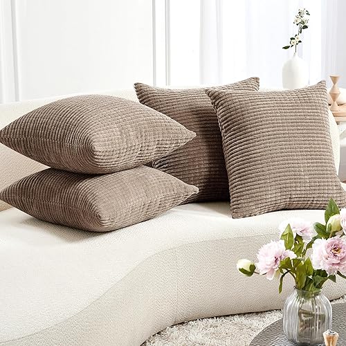 Miniatura 8 de Deconovo Juego de 4 fundas de almohada de 18 x 18 pulgadas, fundas de almohada decorativas de pana crema a rayas para sofá, cama, dormitorio, sala
