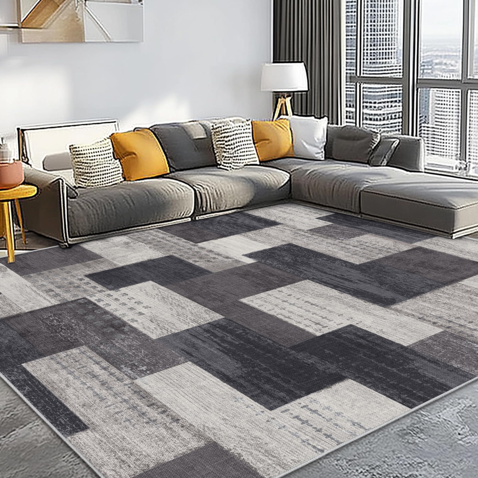Tappeto moderno geometrico patchwork per interni e soggiorno, antracite, 140x200 cm, grandi tappeti, collezione Rockwood, decorazione per camera da letto, grigio, morbido, pelo corto