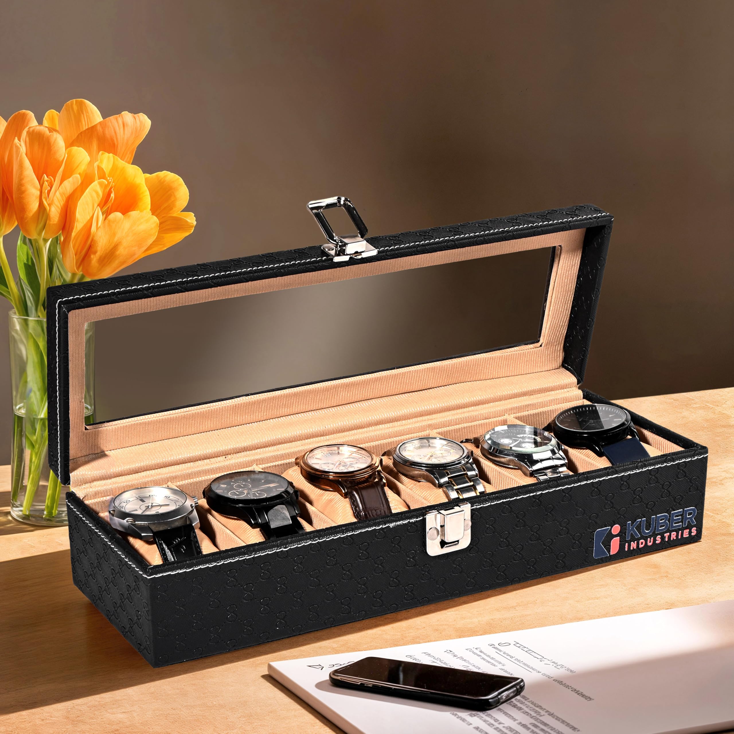 Kuber Industries Scatola organizer per orologi da polso in ecopelle di alta qualità, con 6 scomparti, per uomini e donne, scatola per orologi da collezione, colore: nero e oro