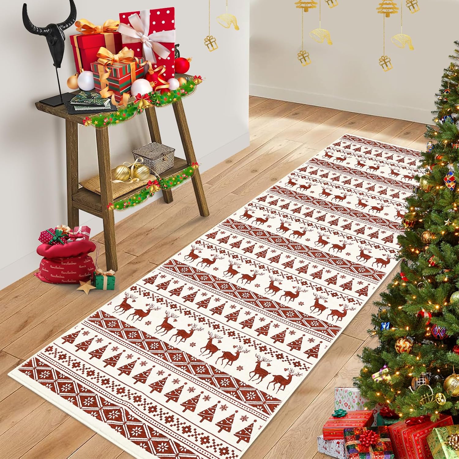 GarveeHome Christmas Red&White Hallway Runner Rug 2x6 Washable Hallway Carpet Snowflake Holiday Decor Accent Rug Boho Non Slip Low Pile Decorative Carpet Xmas Bedroom Bathroom Kitchen Living Room